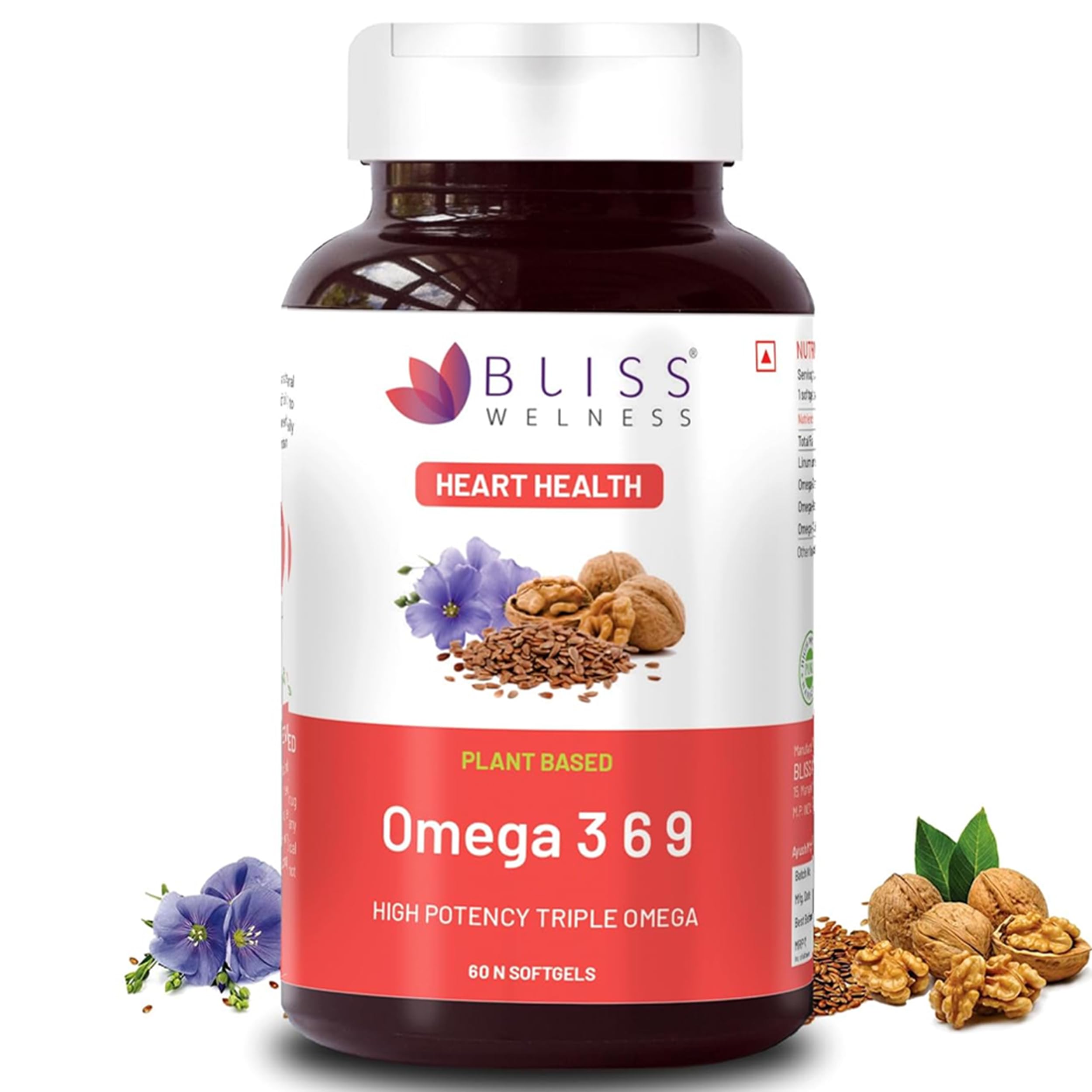 Bliss Welness Organic Omega 3 6 9 2000mg | Omega3 ALA 1000mg Omega 6 LA 274mg Omega 9 OA 400mg Essential Fatty Acid | Heart Cholesterol Brain Eye Immunity Health Supplement - 60 Softgel Capsules