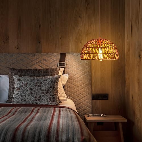 Miniatura 8 de Lámpara colgante de ratán tejida a mano, enchufable, de transición, minimalista, bohemio, cúpula, colgante para cocina, isla, comedor, restaurante,