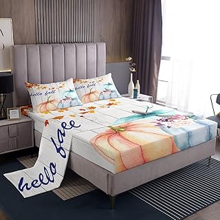 Erosebridal Watercolor Fall Fitted Sheet Set Full Orange Blue Pumpkins Bed Sheets Rustic Farmhouse Thanksgiving Bedding Sheets for Kids Adults Autumn Maple Leaves Flat Sheet + 2 Pillow Cases