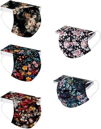 50Pc Floral Face_Masks Disposable,3-Ply Meltblown Spunlace Non-Woven Fabric Disposable Protective Facemasks for Women,Fashion Breathable Disposable Face_Masks for Wedding Party Daily Use