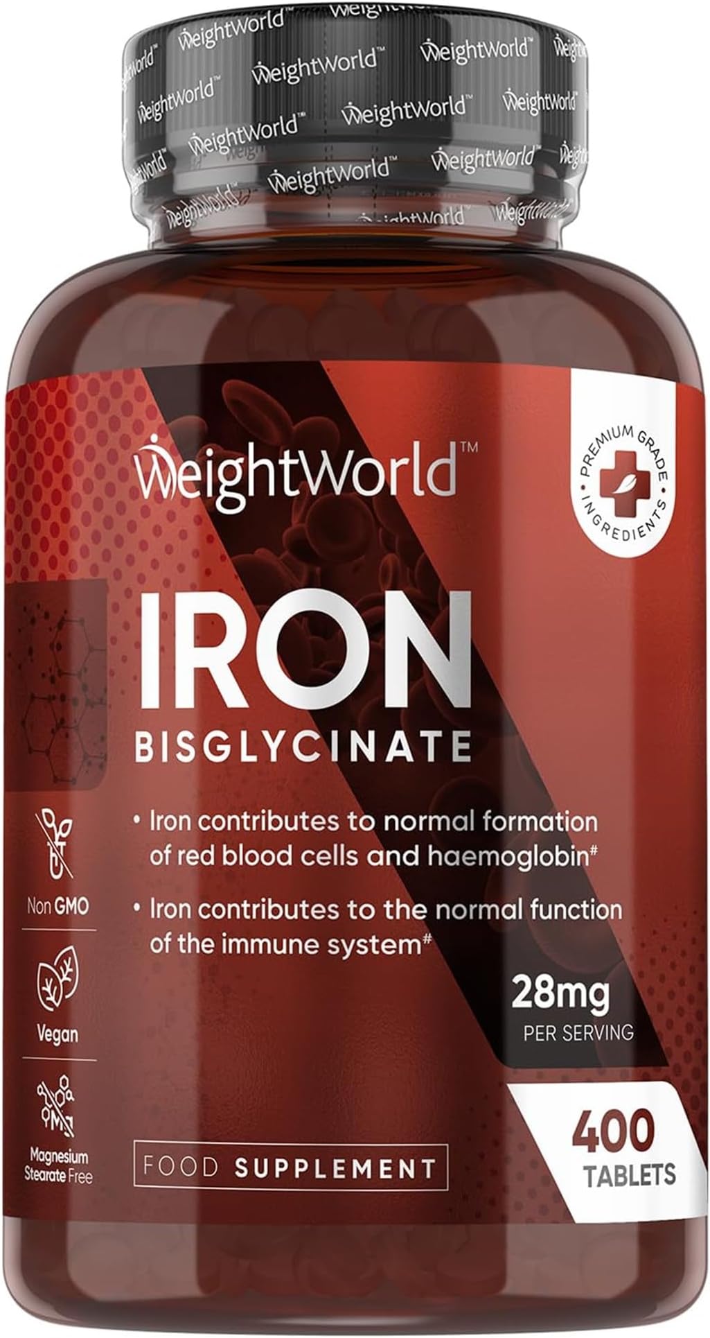 Iron Supplements for Women & Men - 28mg - 400 Tablets (6+ Months Supply) - Highly Bioavailable Ferrous Bisglycinate Form - Non-GMO & Vegan Iron Tablets High Strength - Gentle Formulation