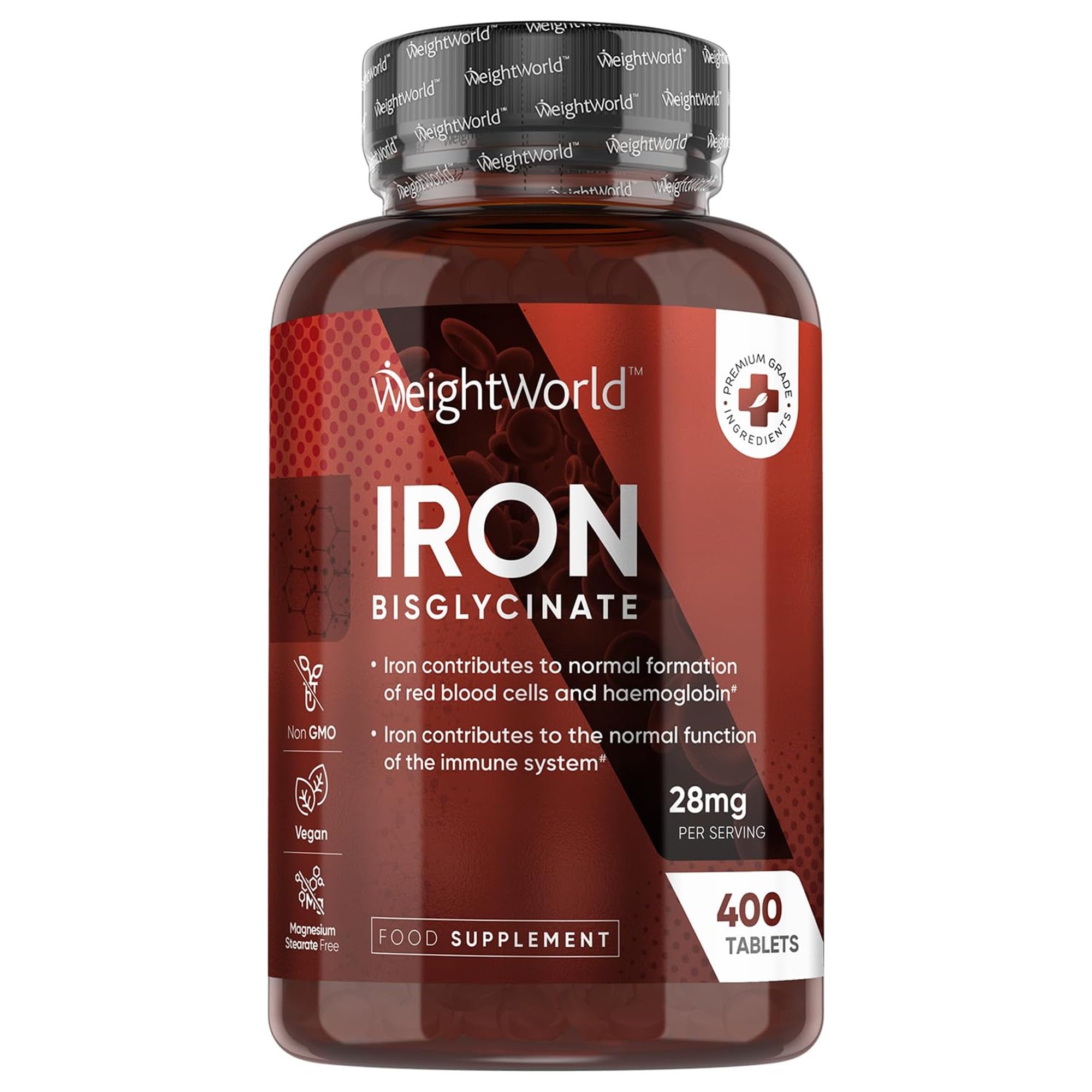 Iron Tablets - 400 Vegan Tablets - Iron Contributes to Normal Energy Metabolism (EFSA) - 28 mg Iron Daily - 6+ Months Supply - Iron Bisglycinate - WeightWorld