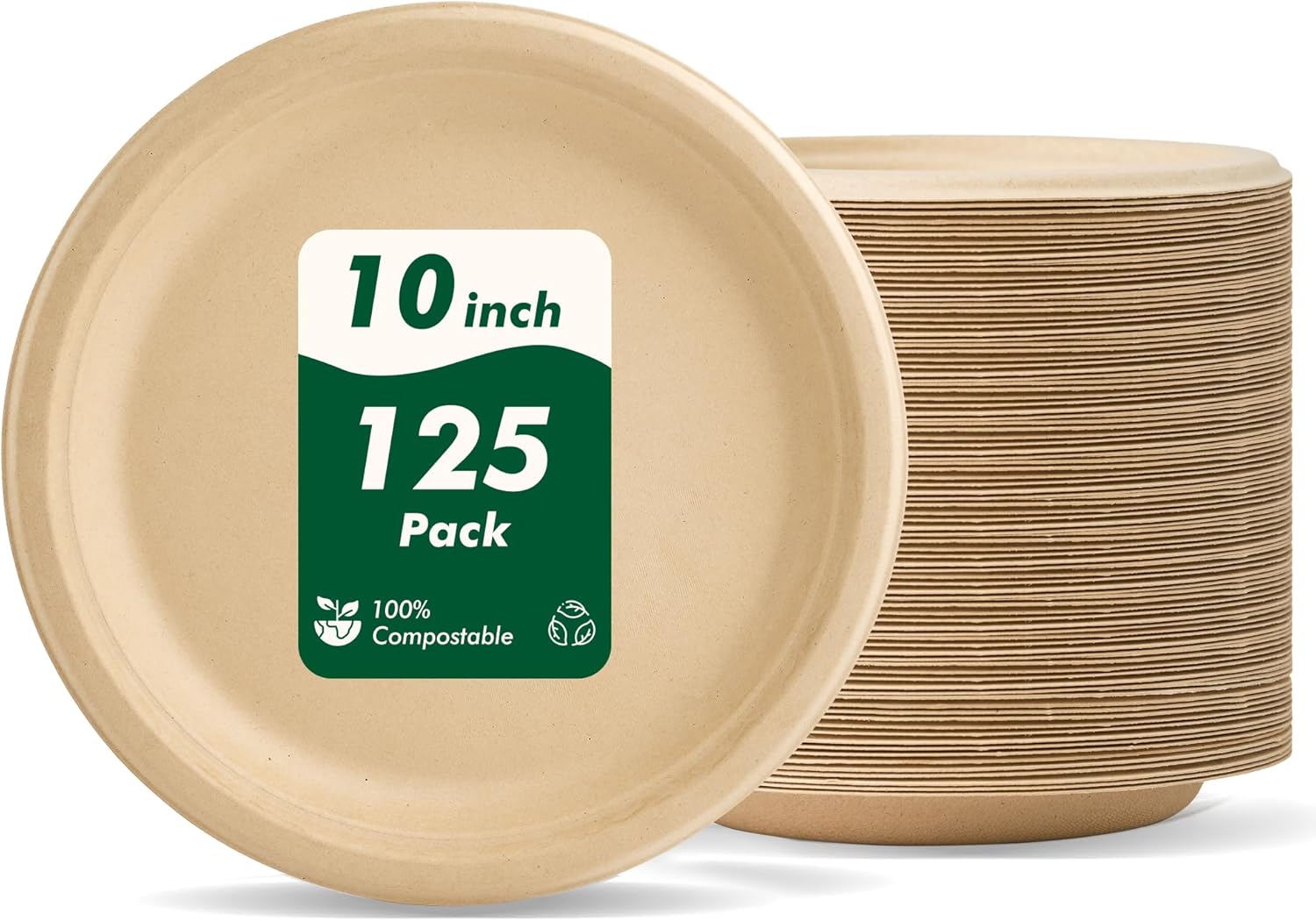 10 Inch 125 Count Compostable Disposable Paper Plates, Heavy-Duty Biodegradable Paper Plates, Sugarcane Fiber Round Unbleached Brown Plates, Microwavable