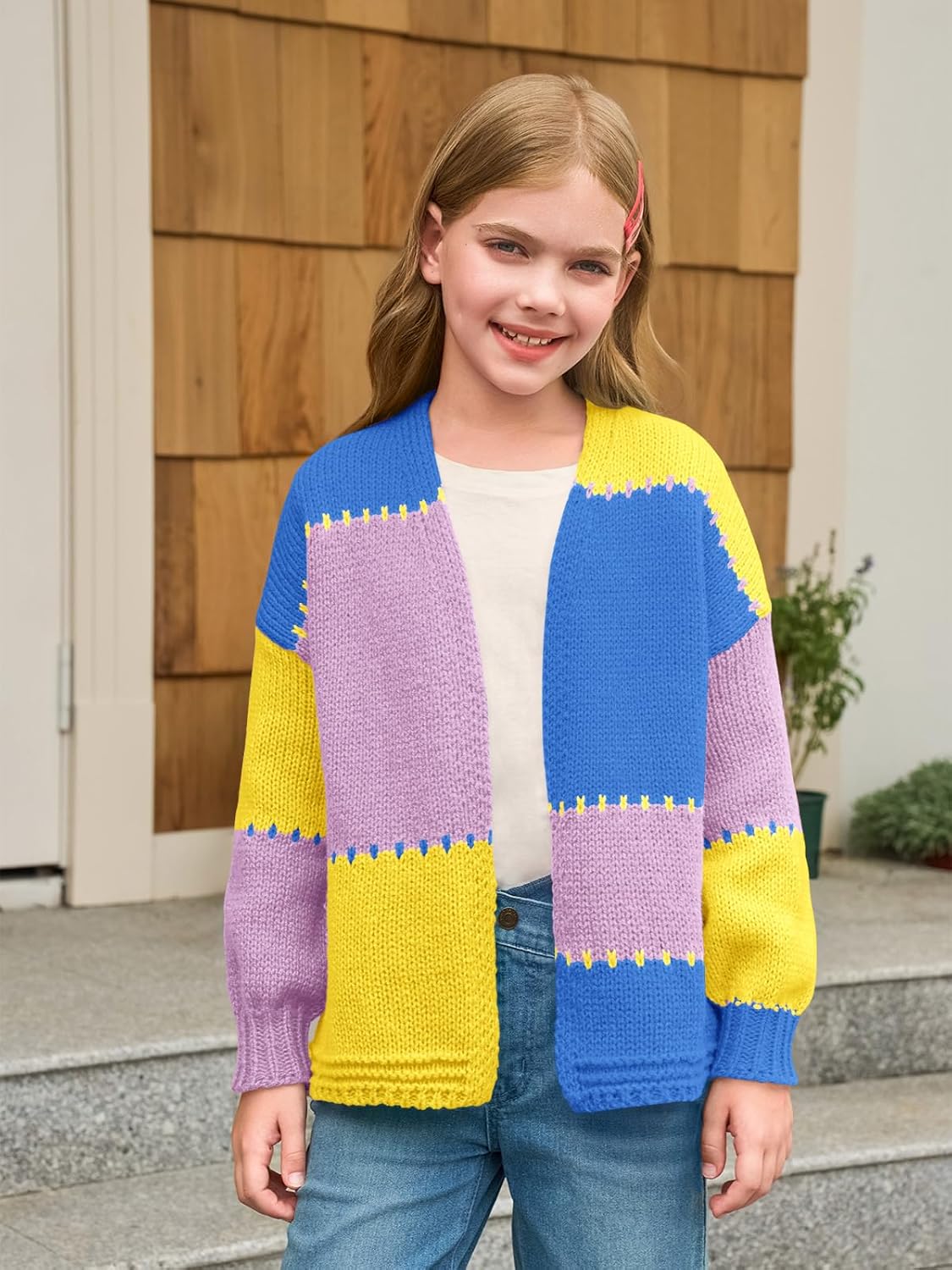 Haloumoning Girls Color Block Cardigan Sweaters Kids Chunky Open Front Knitted Sweater 5-14 Years - Image 2