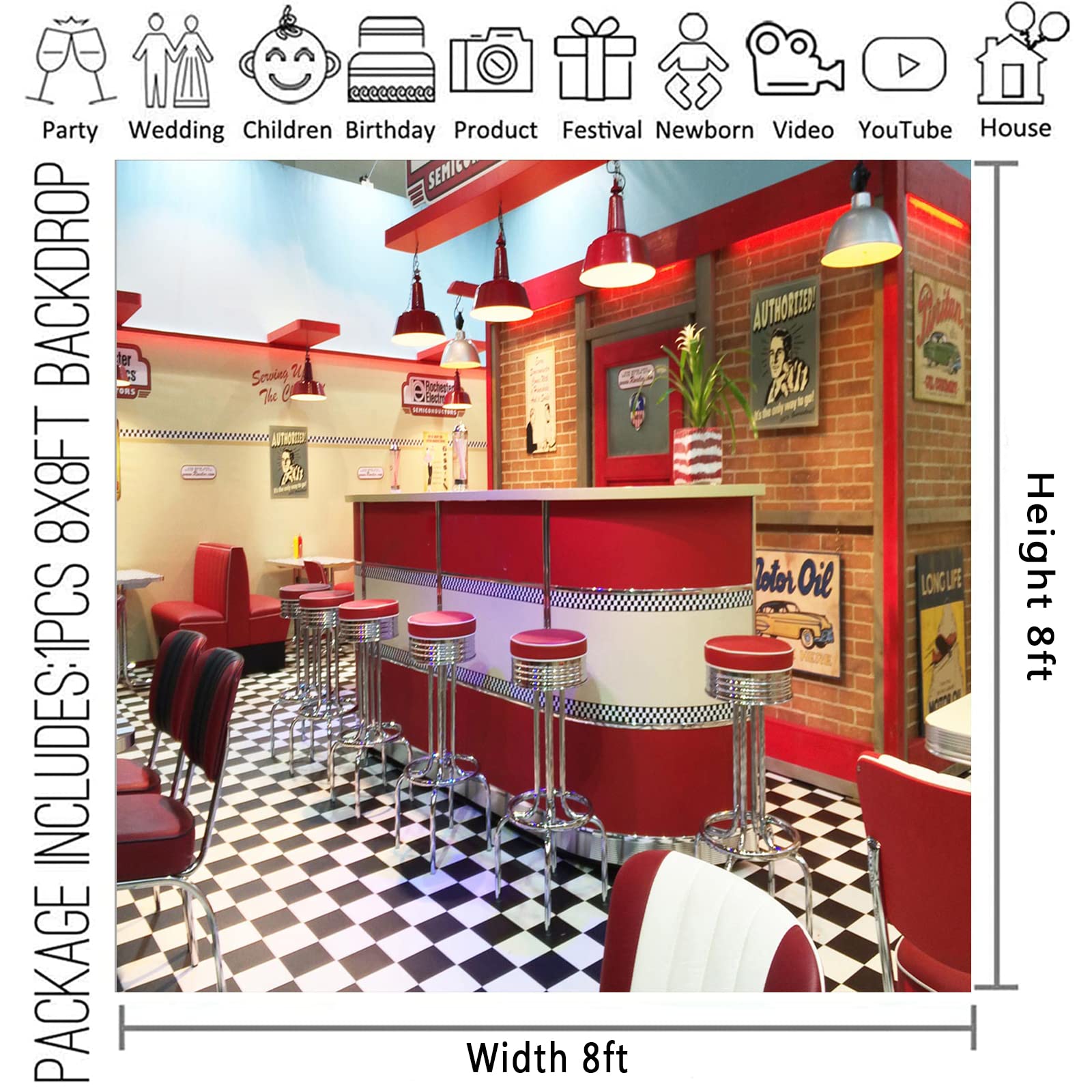 1950er Diner Fotohintergrund – Klassisches Fast-Food Restaurant Motiv, 2,1x1,5m Vinyl