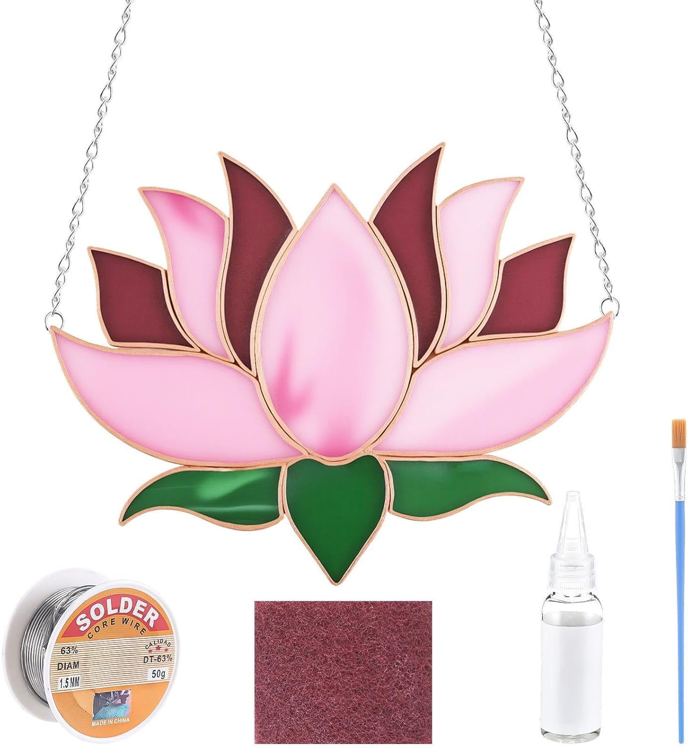 LemonRoad Unfinished Pre Cut Stained Glass for Adult Made Easy Stained Glass Craft with Solder Wire, Flux Brush for Home Birthday Party Decor(1 Set,Lotus Flower)