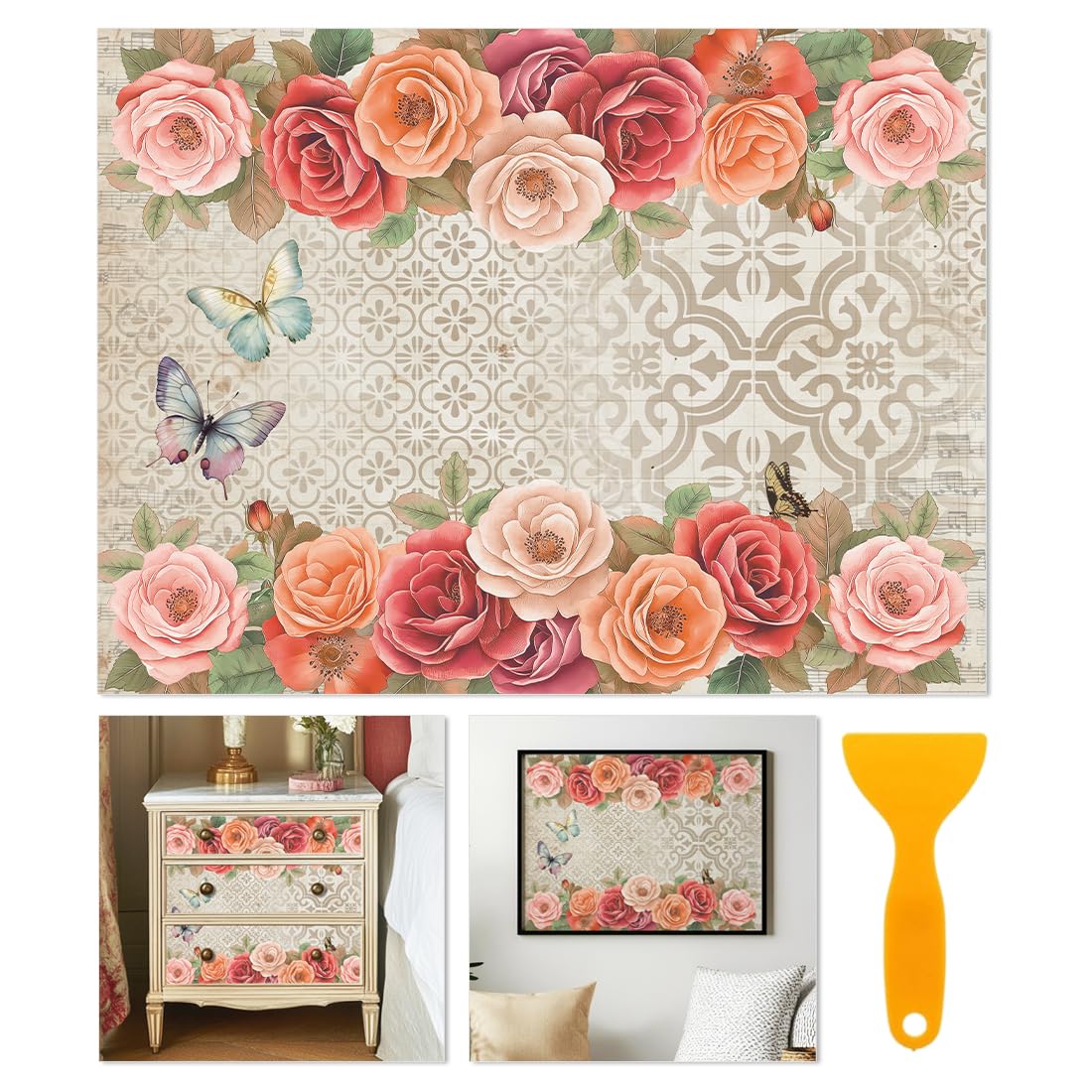 BEUNITONE 6 Sheets Roses Rub on Transfers for Furniture Large Vintage Floral Butterfly Rub on Transfer Sticker for Wood Furniture Decor Iod Transfers