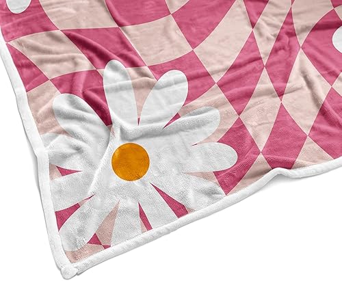 Miniatura 5 de Manta de tablero de ajedrez rosa retro de los años 70, diseño floral, linda manta de franela suave, manta de picnic lujosa, cálida y acogedora para