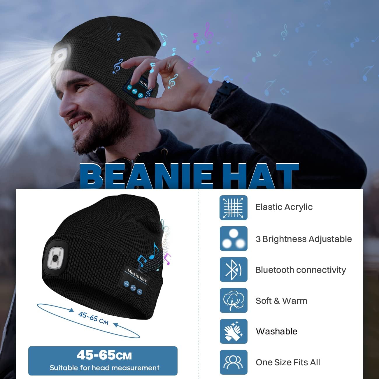 Vista 2 de Bosttor Gorro Bluetooth con luz, gorro para faros delanteros con auriculares y micrófono de altavoz integrado, regalos para hombres, mujeres