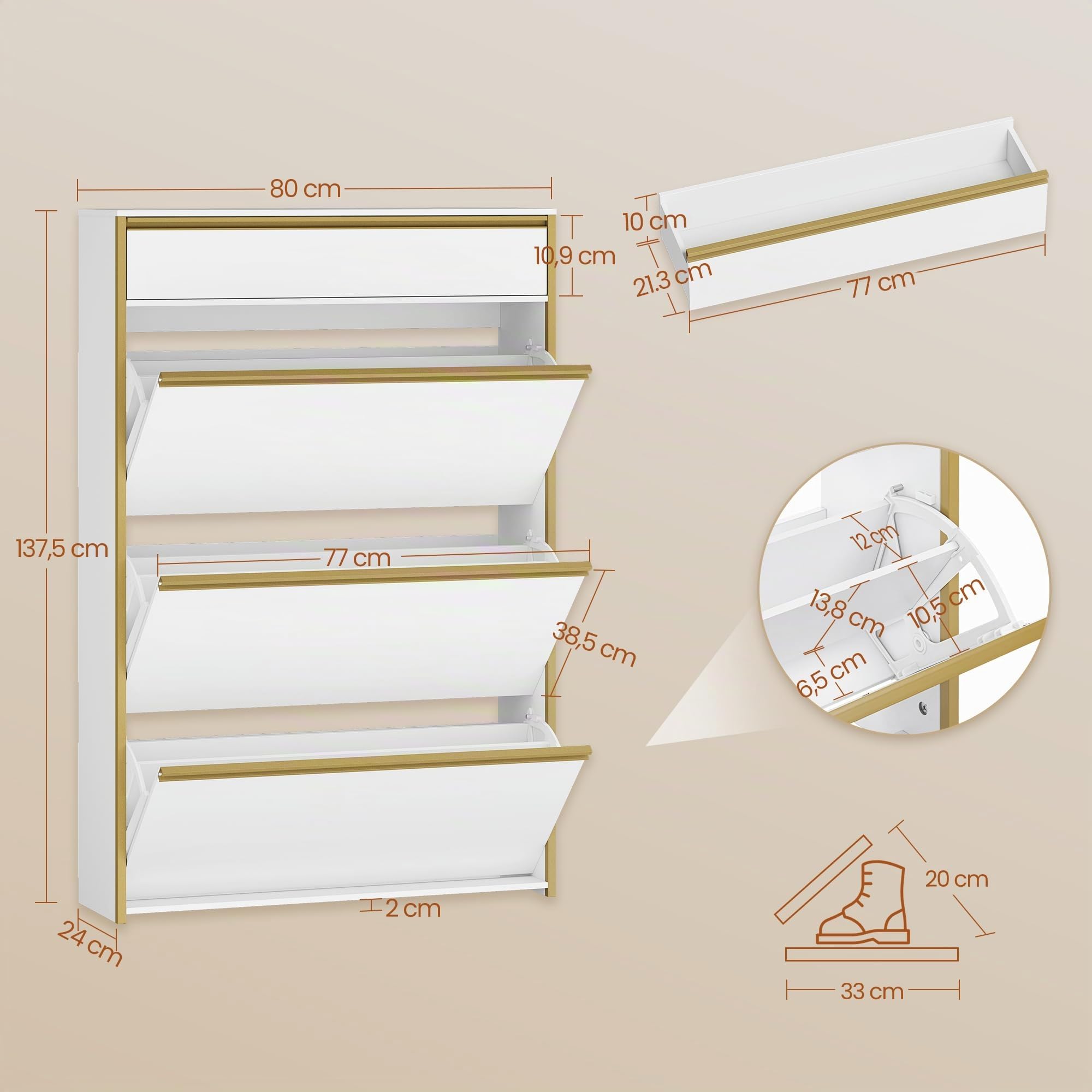 HEXCELEN Meuble à Chaussures avec 3 Battants, 18 à 24 Paire, Blanc-Or | Étroit Étagère à Chaussures avec Tiroir, Meuble à Chaussure, Séparateur Réglables, pour Couloir, Entrée, 80 x 24 x 137,5 cm