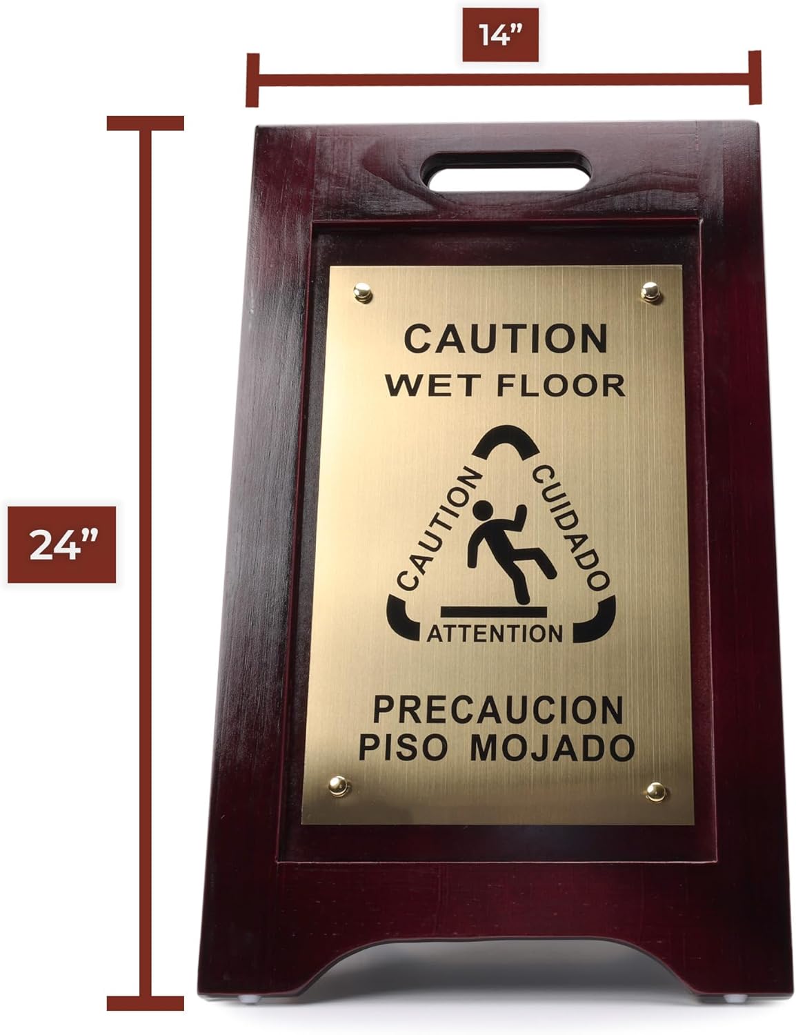 Premium Wooden Caution Wet Floor Sign – Bilingual w/Non-Skid Plastic Feet – For Hotels, Schools, Offices, Areas, Restrooms, Pool Decks & Shops - Brass Plate - (2 Pack)