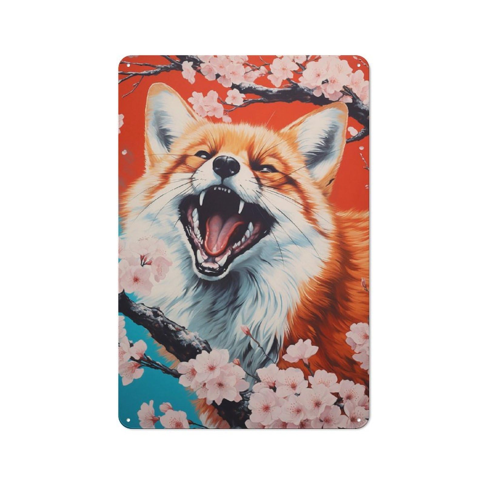 Junmoney Fox With Cherry Blossoms Retro Metal Wall Sign 30X20cm With For Garage Wall, Suited To Garage Decor Collectors