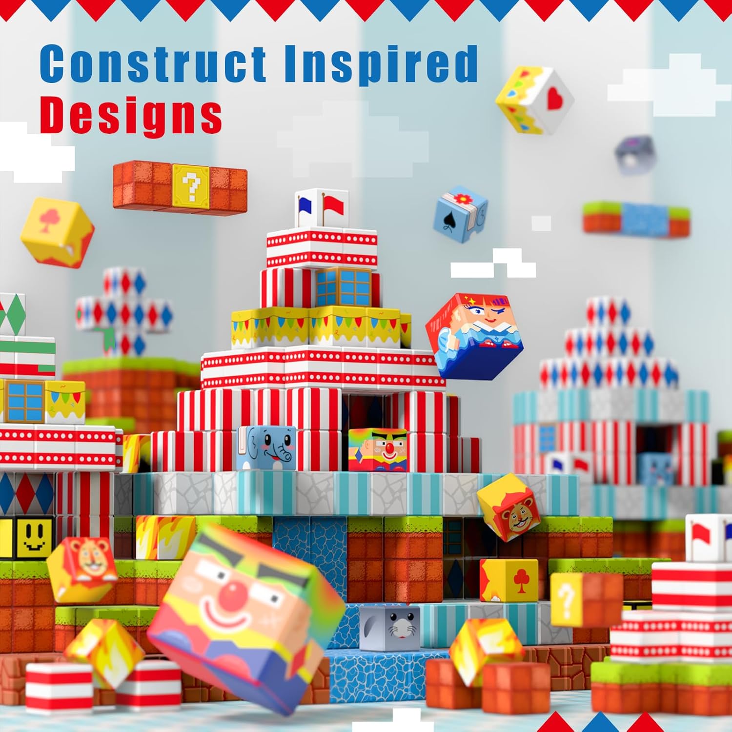 200PCS Magnetic Building Blocks with Storage Bag, 0.8in Joyful Circus STEM Magnet Cubes, Creative Construction Magnetic Blocks, Ideal Gift for Boys & Girls Age 3-12 Magnetic Cubes