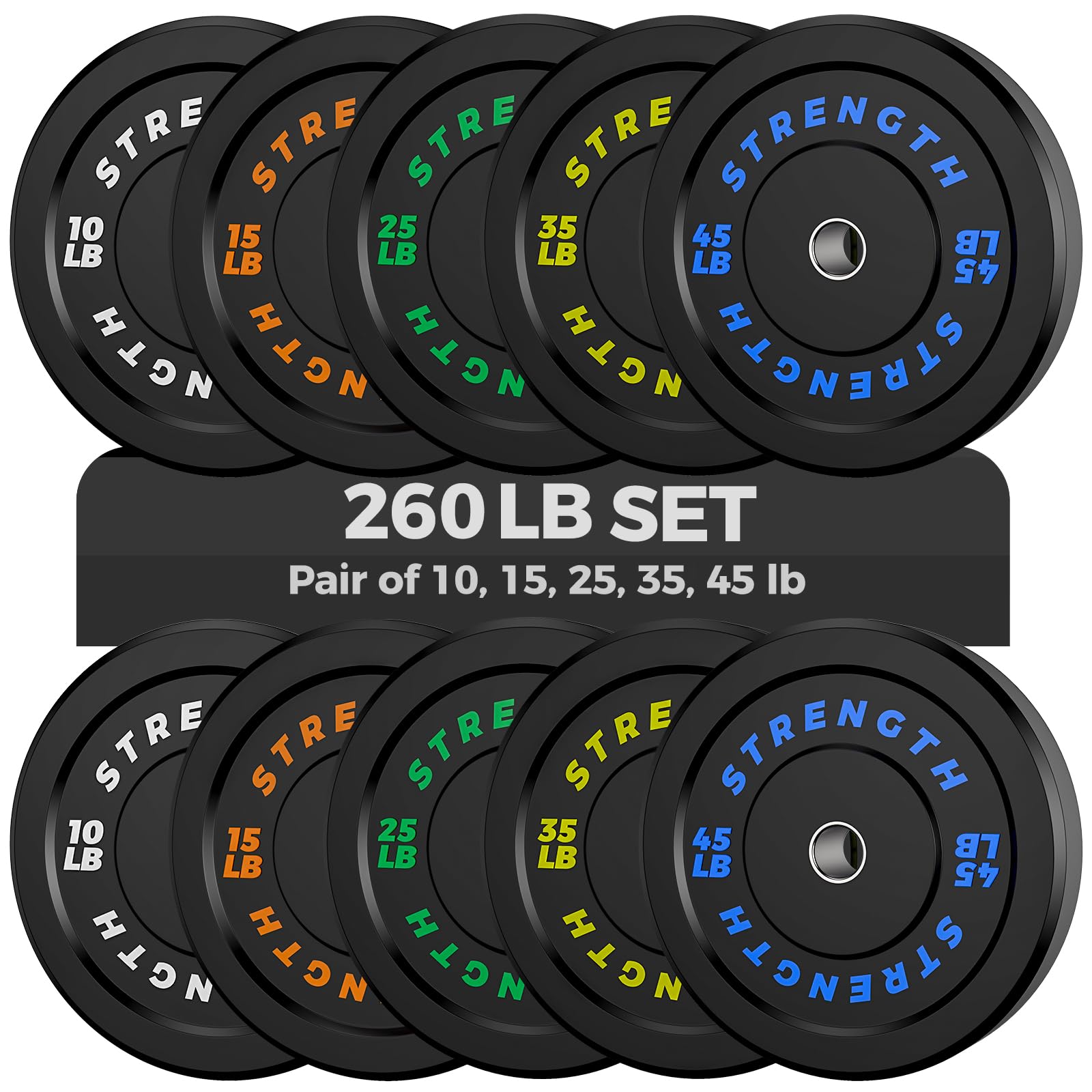 Olympic Bumper Plates Set - Virgin Rubber Weights for Strength Training 260LB-Set