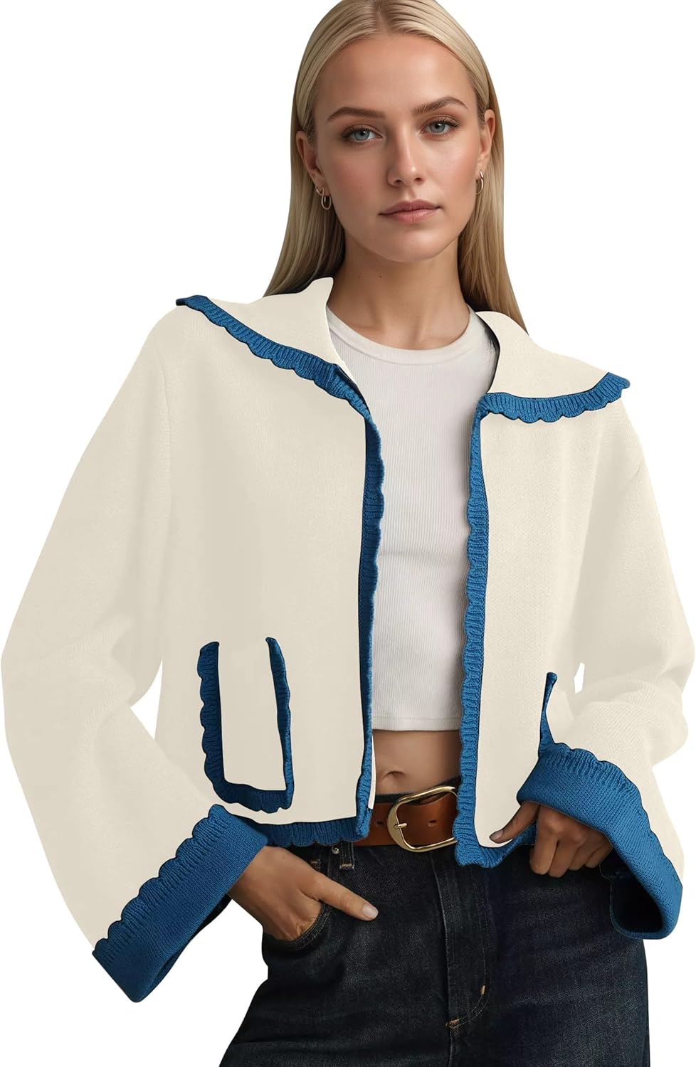 Women Scallop Collar Cardigan Sweaters Color Block Bell Sleeve Open Front Knit Cardigan Fall Sweater with Pockets