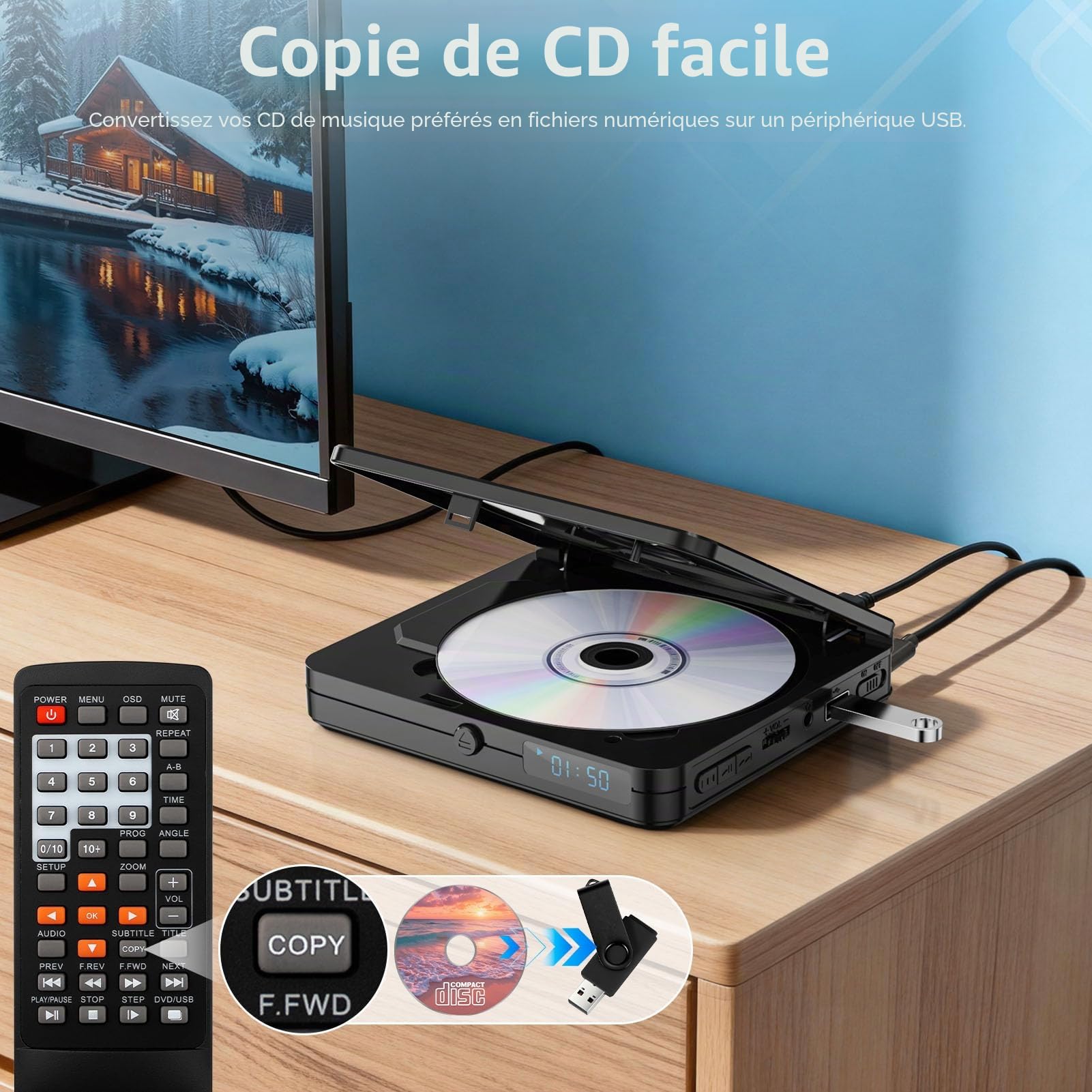 Mini Lecteur DVD avec télécommande – Lecteur CD DVD Compact HD 1080p pour Smart TV et projecteur, avec Sortie HDMI, Prise Casque, entrée USB 2.0, Prise en Charge PAL/NTSC