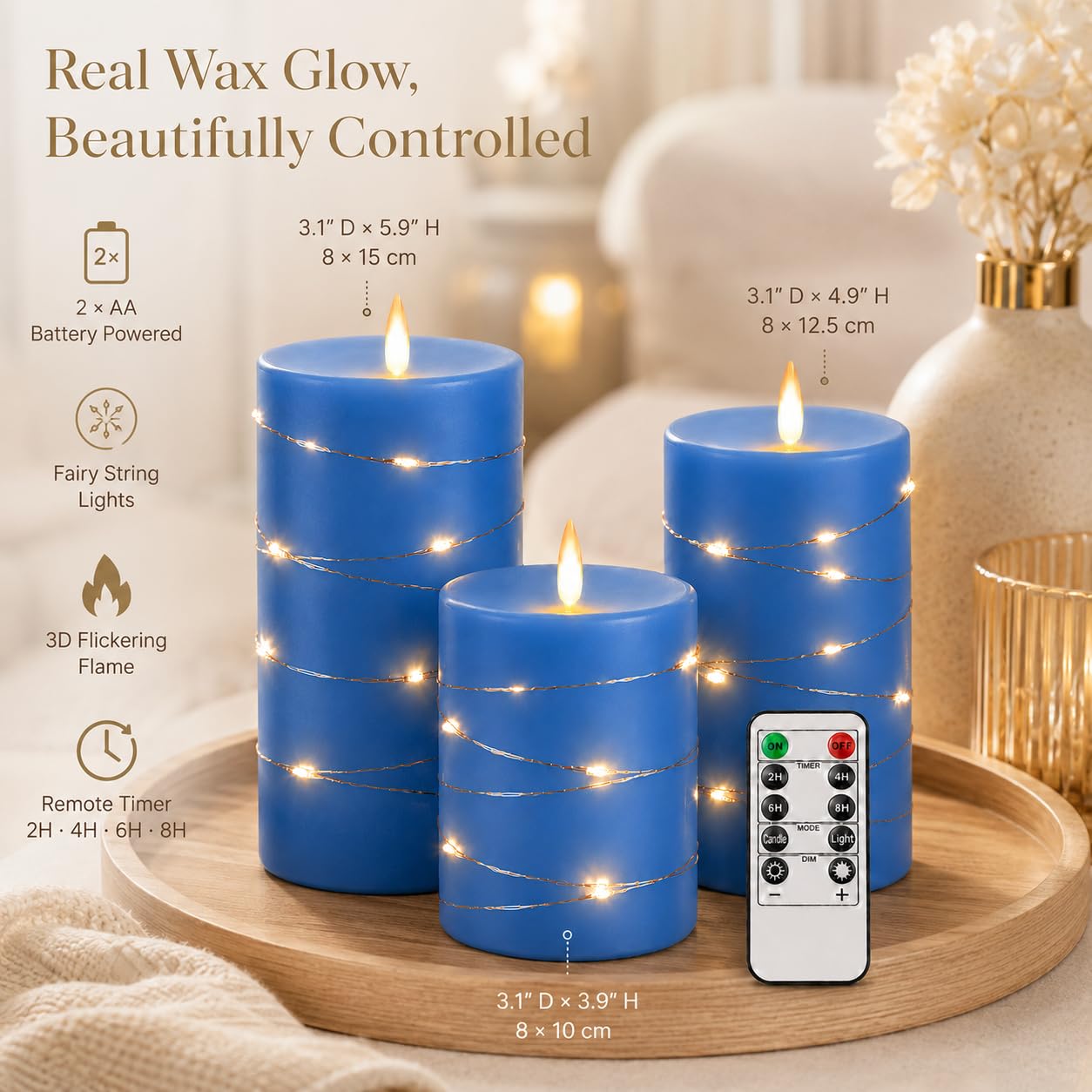 Upinmz Candele blu tremolanti senza fiamma con luci a stringa incorporate, candele a batteria con telecomando e timer, candele LED senza fiamma per decorazione domestica, in vera cera, set di 3
