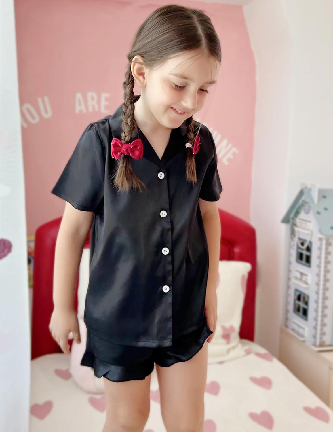 Arshiner Girls Pajamas Silk Satin Pajama Set 2 Piece Button Down Pjs Ruffle Sleepwear - Image 6