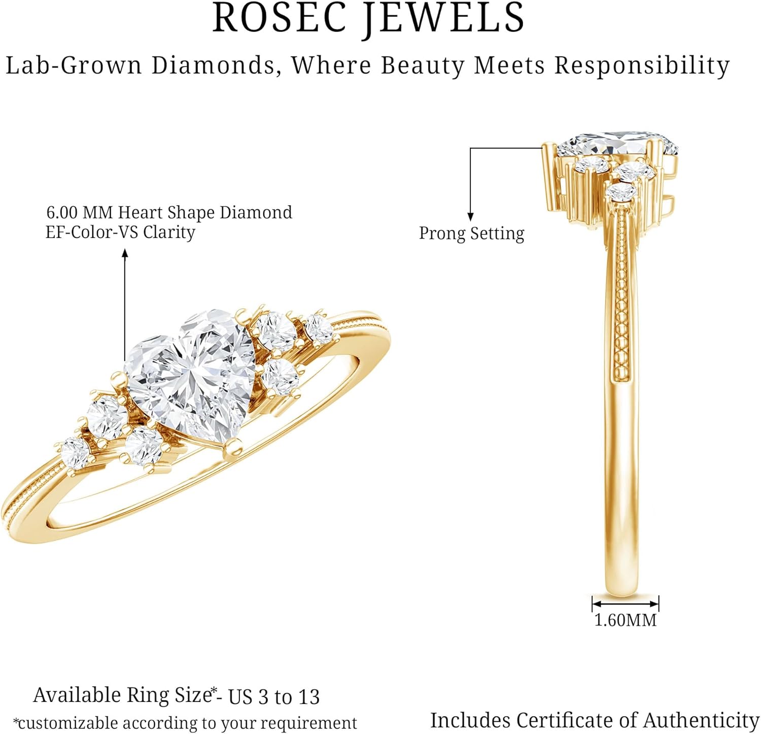Certified Lab Grown Diamond 6mm Heart Engagement Ring, Ef-Vs Quality, Diamond Designer Ring For Women - With Jewelry Box