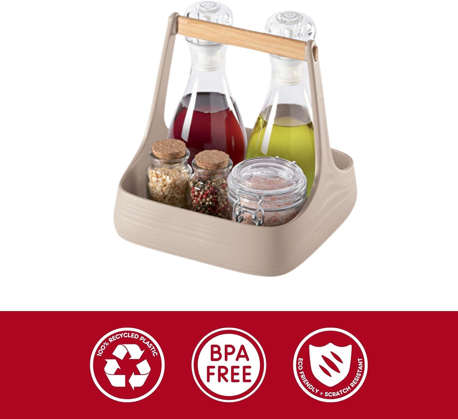 Guzzini Tierra 8.6" Table Caddy with Handle - Taupe - 100% Recycled Plastic - Unbreakable, BPA-Free, All-Purpose for Art Craft Supplies, Makeup, Kitchen Condiments, Makeup, Bathroom, Cleaning