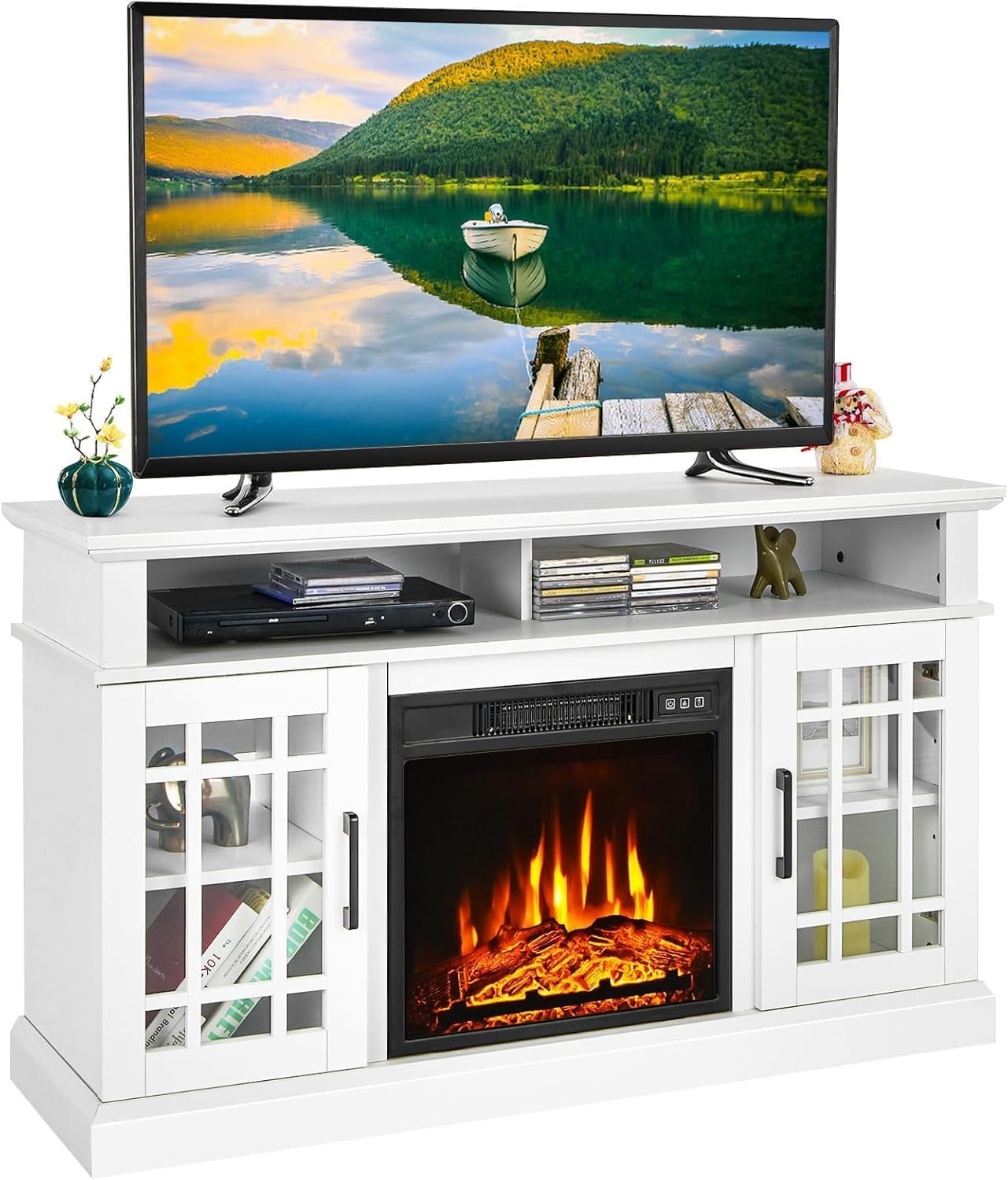 Electric Fireplace TV Stand for TVs up to 55', Media Console with 18' Fireplace Insert Heater, Remote Control, Adjustable Shelves, Overheat Protection, Entertainment Center for Living Room (White)