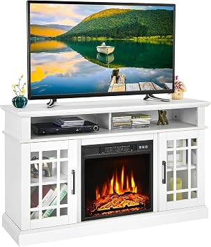 Electric Fireplace TV Stand for TVs up to 55, Media Console with 18 Fireplace Insert Heater, Remote Control, Adjustable Shelves, Overheat Protection, Entertainment Center for Living Room White