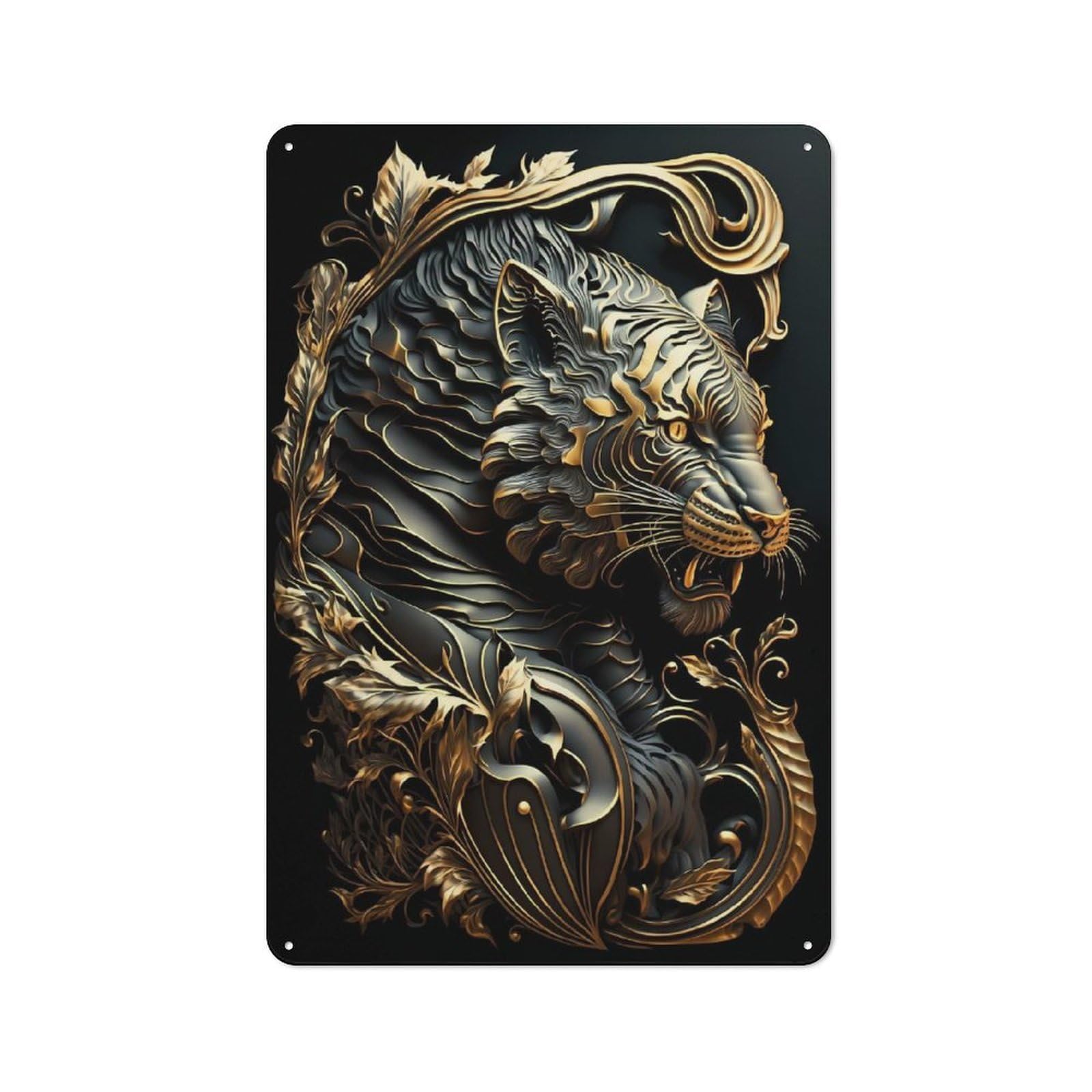 Junmoney Style-22 Tiger Golden Art Deco Vintage Tin Wall Plaque 30X20cm For Hobby Room Or Studio, A Decorative Metal Sign For Hobby Rooms And Studios