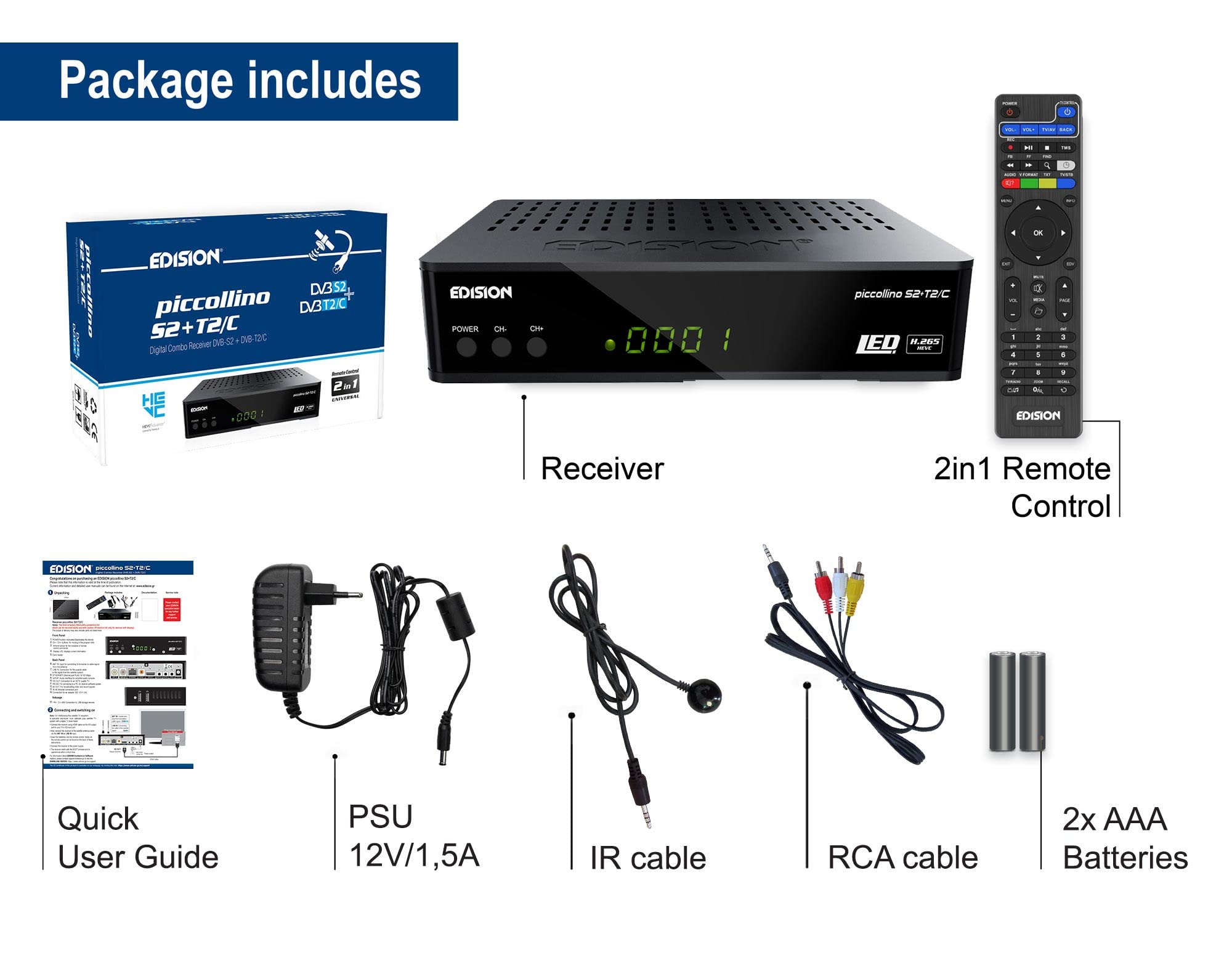 Edision Piccollino S2+T2/C, Combo Receptor H265/HEVC (DVB-S2, DVB-T2, DVB-C) Full HD USB, Negro