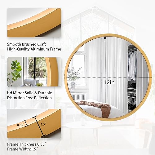 Miniatura 2 de JJUUYOU Espejo circular de pared, espejo redondo para baño, espejo dorado pequeño decorativo en círculo para pared con marco de metal, espejo