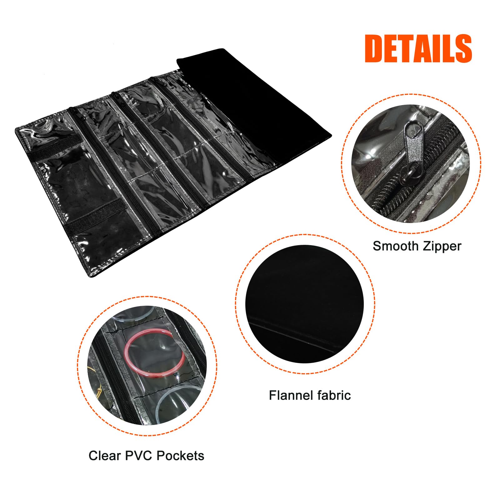 SCILHEFT Trousse à bijoux de voyage en velours pour collier, 9 grilles zippées, noir (18 compartiments)