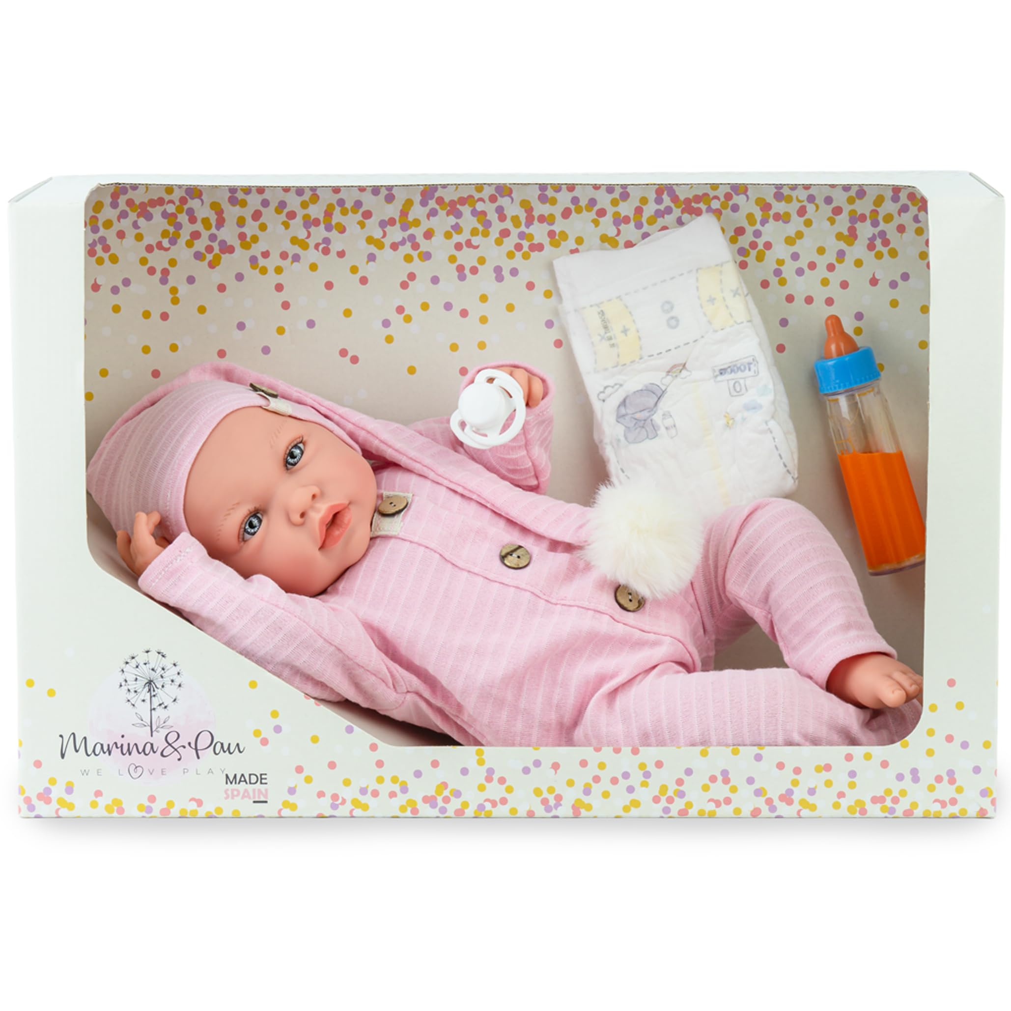 Marina & Pau Lia Lia lalka niemowlęca 45 cm, z miękkim ciałem – miękka lalka do zabawy ze smoczkiem, butelką i pieluchą, dla dzieci (rozm. 45 cm)