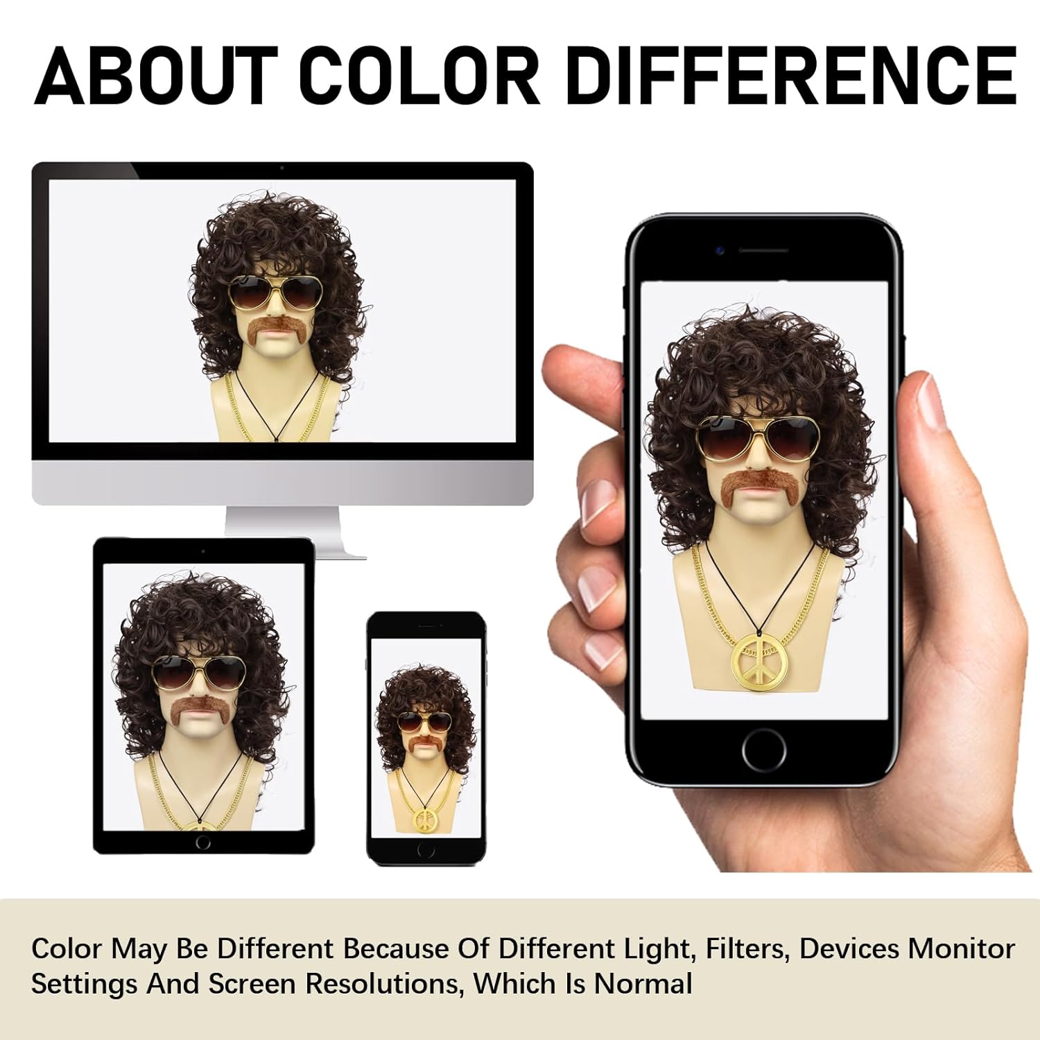 Mens Curly Wig + Glasses + Gold Chain + Peace Sign Necklace +Mustache + Wig Cap Long Curly Brown Wigs for 70s Disco Party Cosplay Costume Halloween Use（6pcs Set） - Image 5