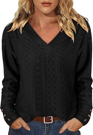 KISSMODA Long Sleeve Fall Shirts For Women V Neck Tunic Tops Embroidered Button Down Knitted Blouses 2025