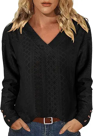 KISSMODA Long Sleeve Fall Shirts For Women V Neck Tunic Tops Embroidered Button Down Knitted Blouses 2025