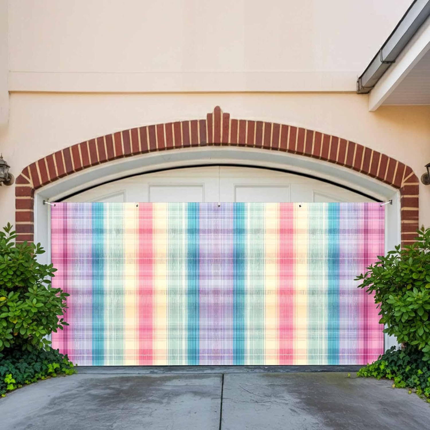 Colorful Gradient Check Seamless Garage Door Cover 7x8ft, Traditional Plaid Texture Garage Door Backdrop Hanging Banner with Grommets for Outdoor Indoor Wall Home