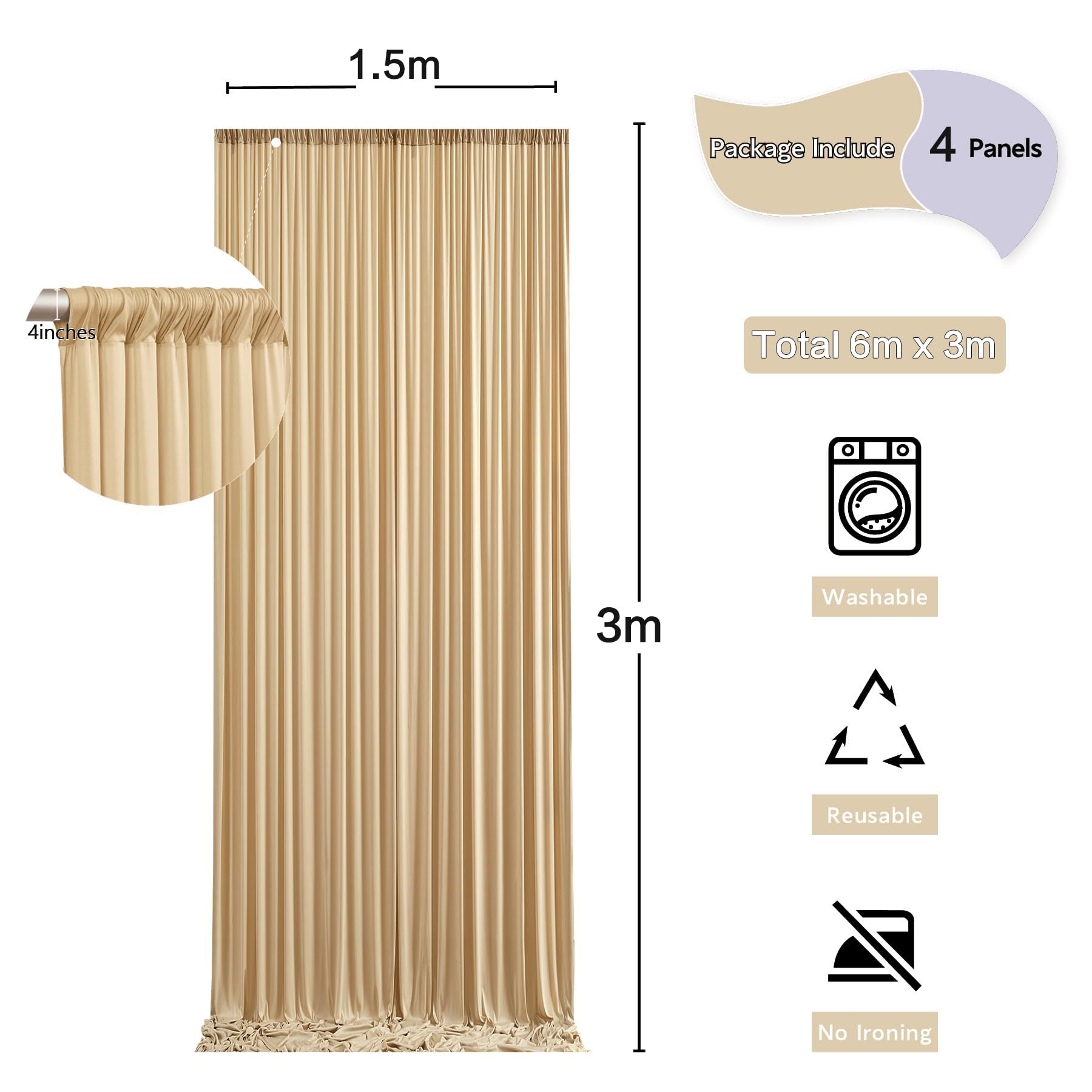 4 Stücke 1,5×3cm Beige Hintergrund Vorhänge für Hochzeit Party 100% Polyester Falten freie Beige Hintergrund Vorhänge für Geburtstag Taufe Baby Dusche Braut Dusche Fotowand