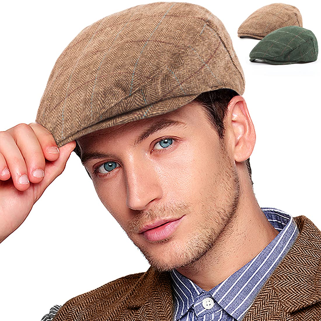 2-Pack Adjustable Newsboy Hats for Men Flat Cap Irish Wool Blend Tweed
