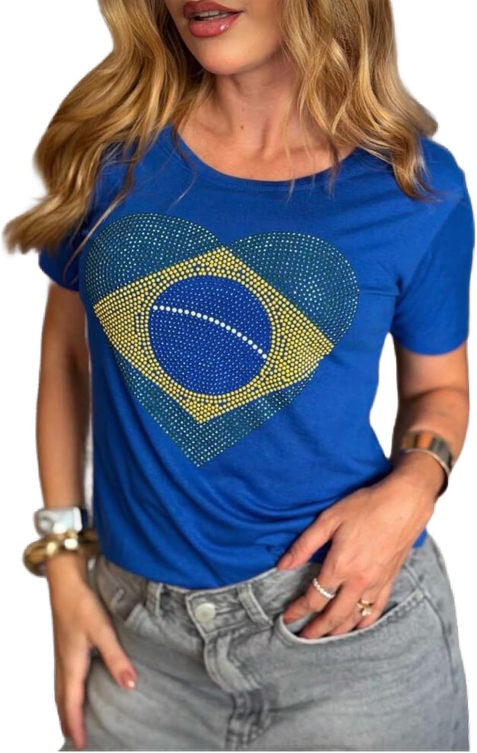 Camiseta Feminina com Bandeira do Brasil em Strass, Coração, Manga Curta, Casual