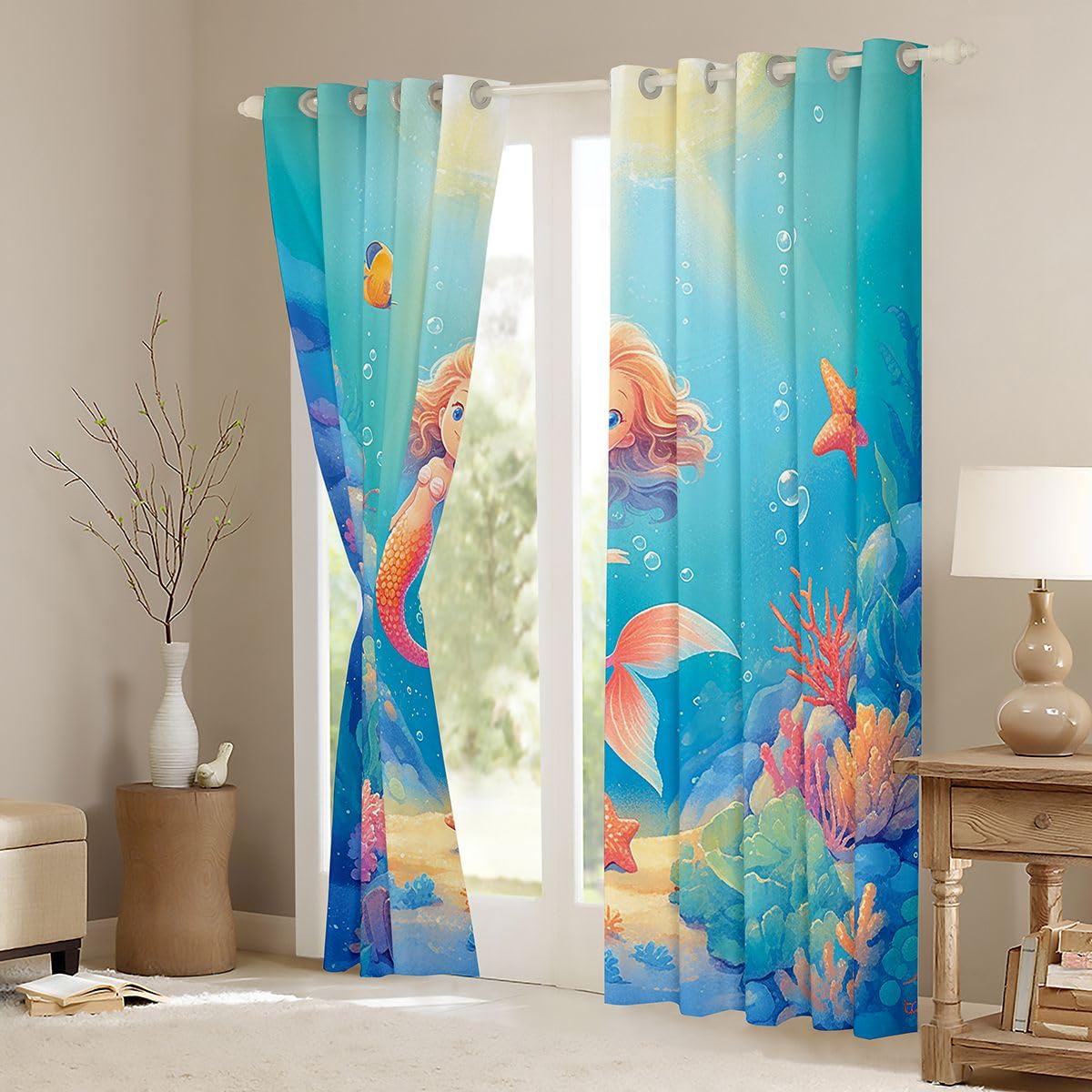 Homemissing tende oscuranti a sirena tende oscuranti con stelle marine corallo per camera da letto soggiorno decorazione creatura marina sfumature termoisolanti trattamenti per finestre a tema oceano