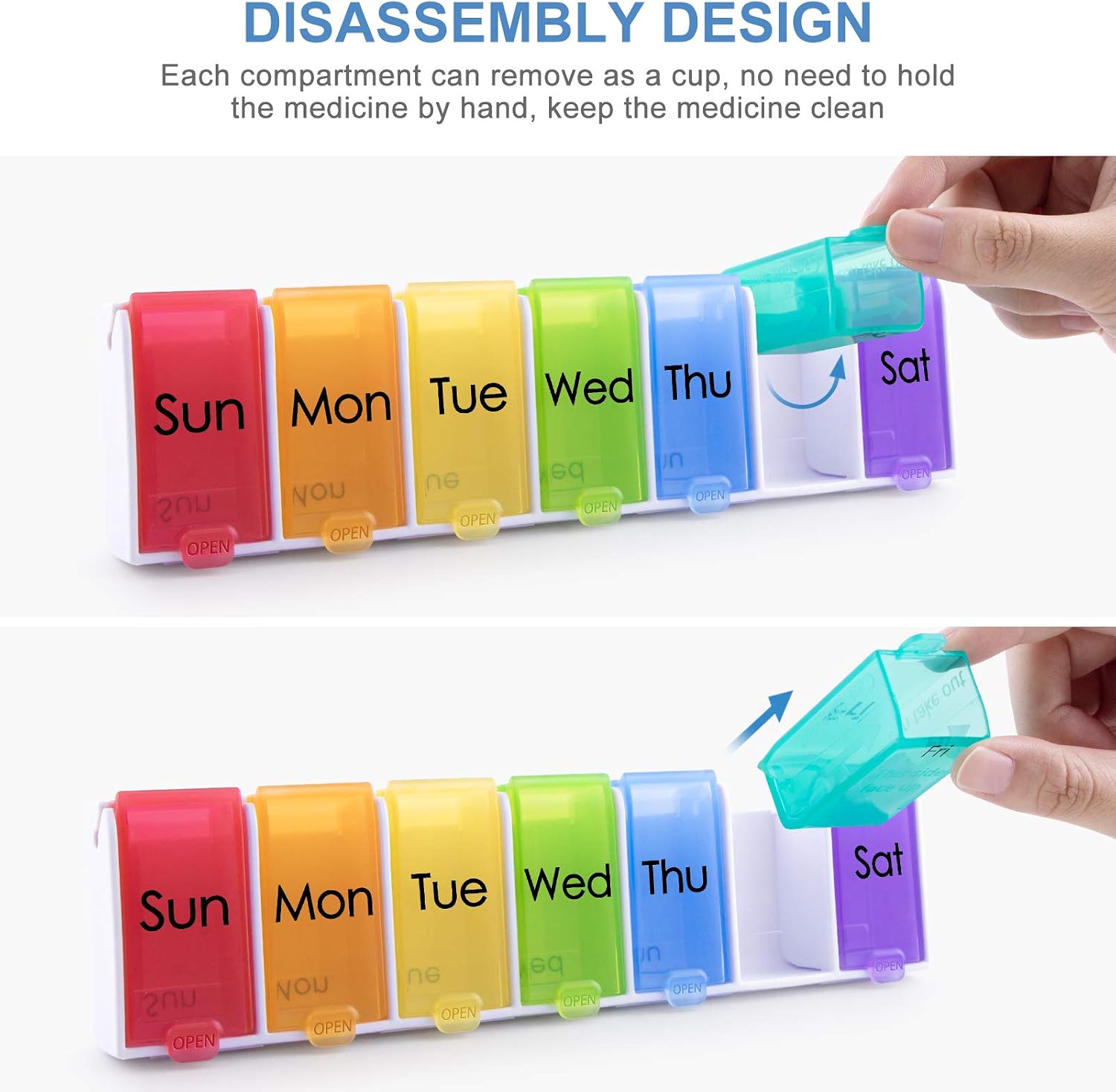 FULLIVE Weekly Pill Organizer, Quick-Refill Daily Pill Case,Upgraded Removable XL Pill Box,7 Day Medicine Organizer for Fish Oil,Capsules,Vitamins and Supplement-Rainbow