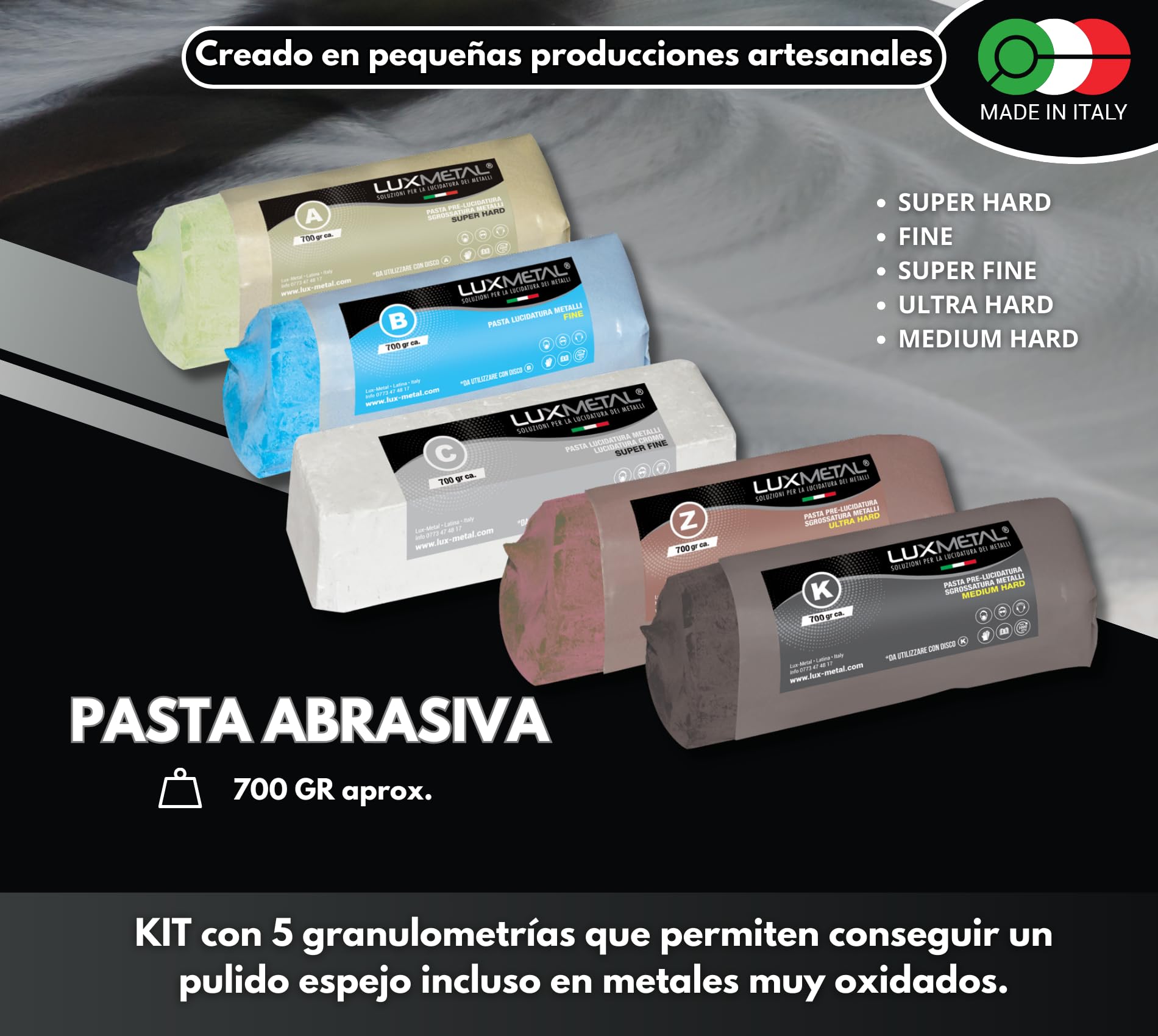 Lux Metal - Kit de 5 Discos Pulidos de 250 mm y 5 Pastas Abrasivas Pulidoras de 700 gr - Para Aluminio, Hierro, Acero Inoxidable, Bronce, Mármol - Rueda de Pulido de Metales, Muela de Amolar, Fieltro.