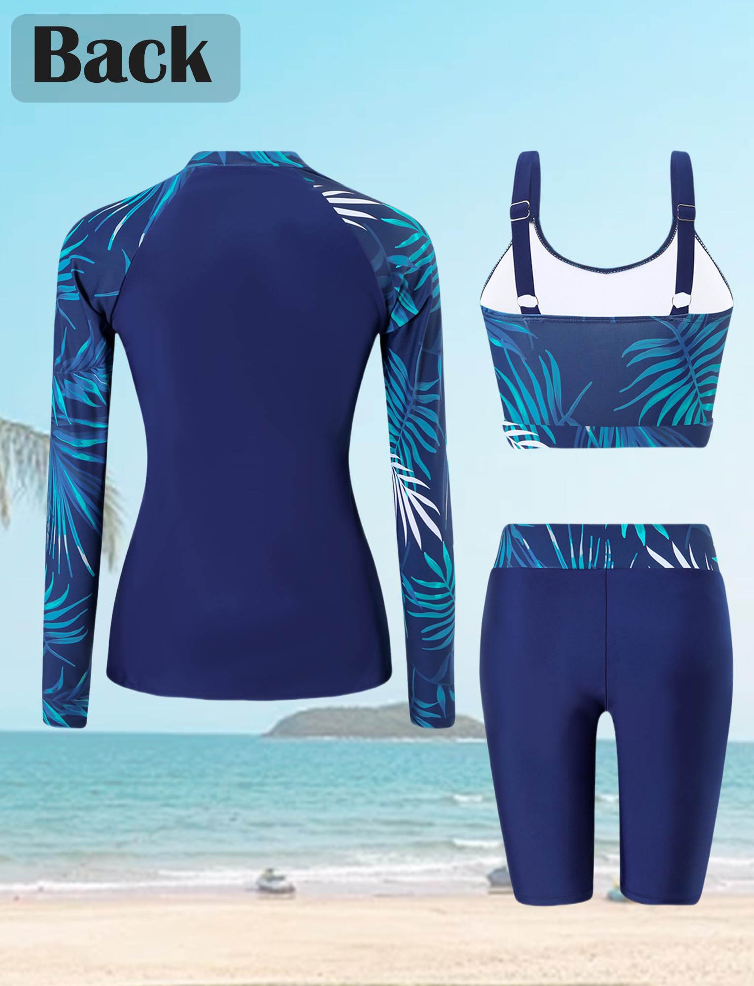 Costume da bagno a 3 pezzi, da donna, protezione solare, set rashguard a maniche lunghe + pantaloncini+Tankini Surf Beach