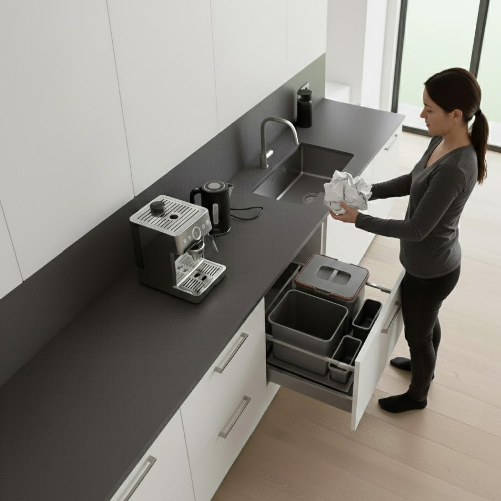 Mülltrennsystem Küche für 60 cm Schrank 2-fach 52,5x49x30 cm (2x 15L) mit Deckel Einbau Abfallsammler für Schubladen Küchenabfalleimer Abfalltrennung Abfallbehälter Set Silberfarben