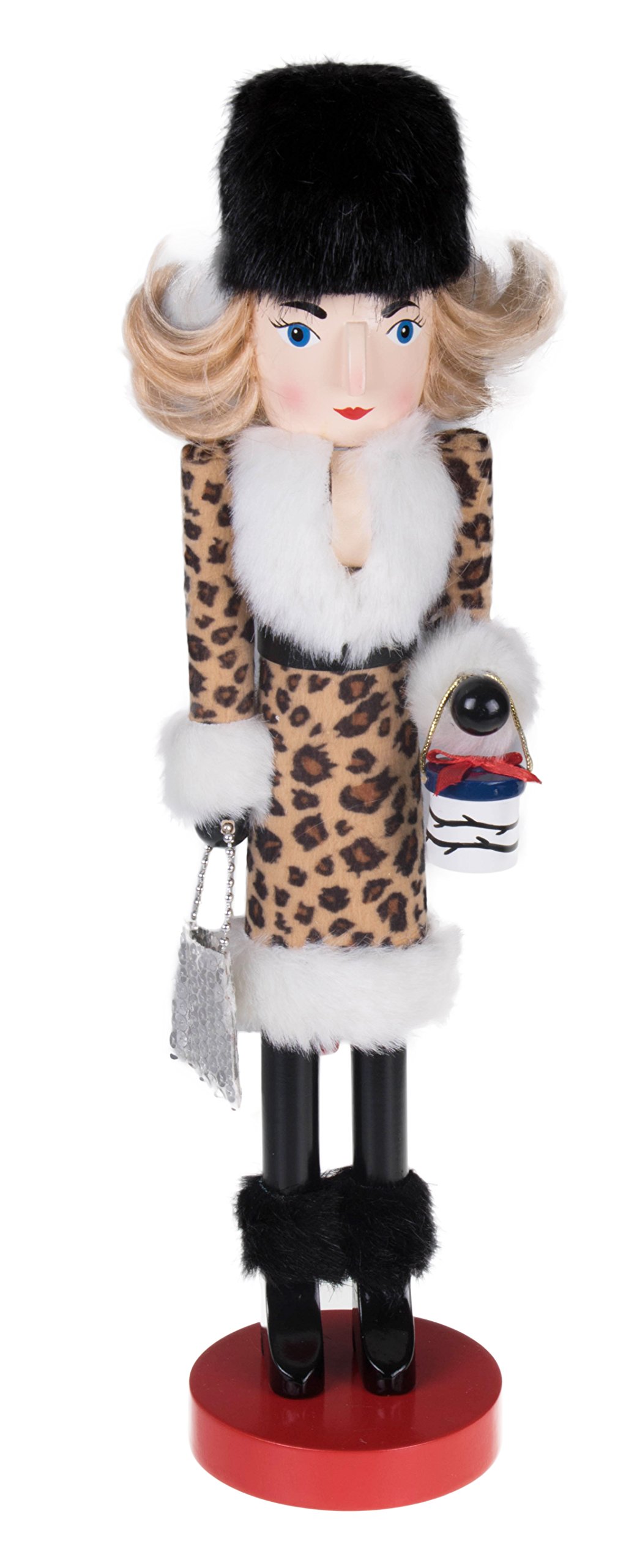 Clever Creations Leopard Print Female Shopper Woman Shopping Nutcracker By | Leopard Print Dress With Fur Trim | Carrying Gift And Purse | Festive Christmas Decor | 100% Wood | Collectable Perfect For Shelves & Tables | 15" Tall
