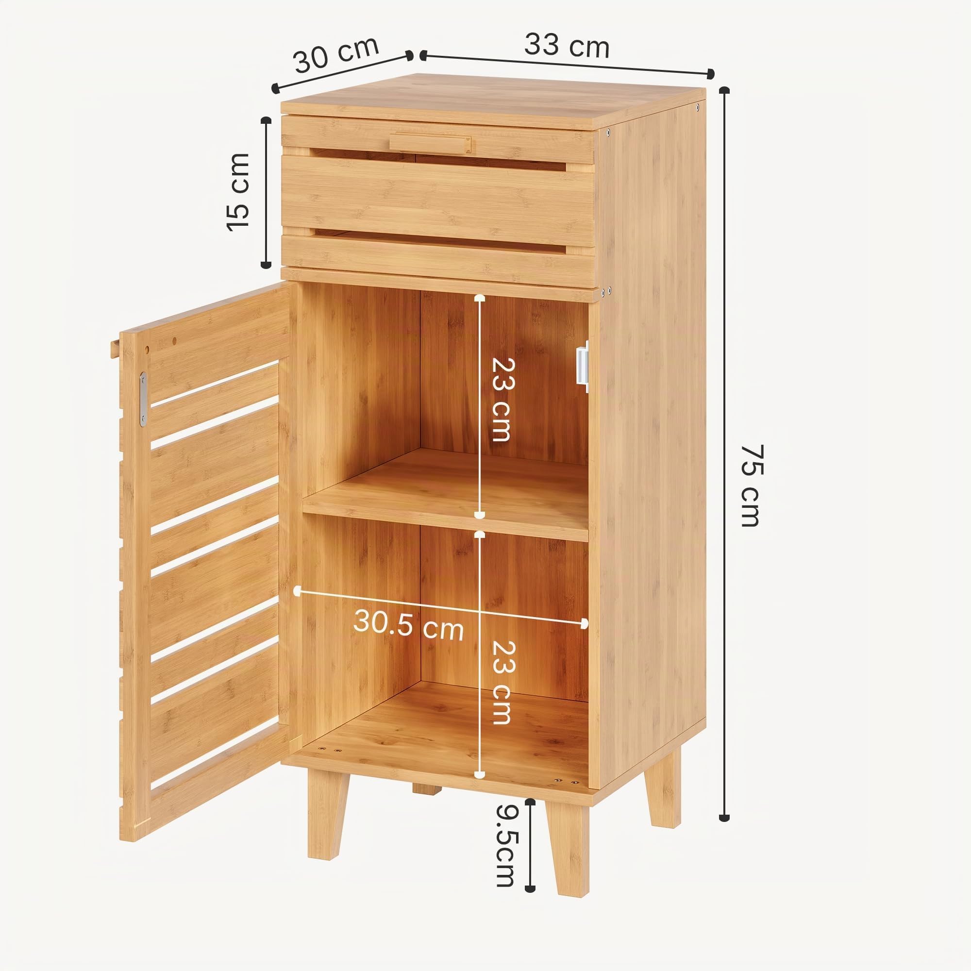 [en.casa] Aparador para Baño Epind Mueble Auxilar de Baño con 1 Puerta y 1 Cajón Armario Bajo 75 x 33 x 30 cm Bambú - Natural