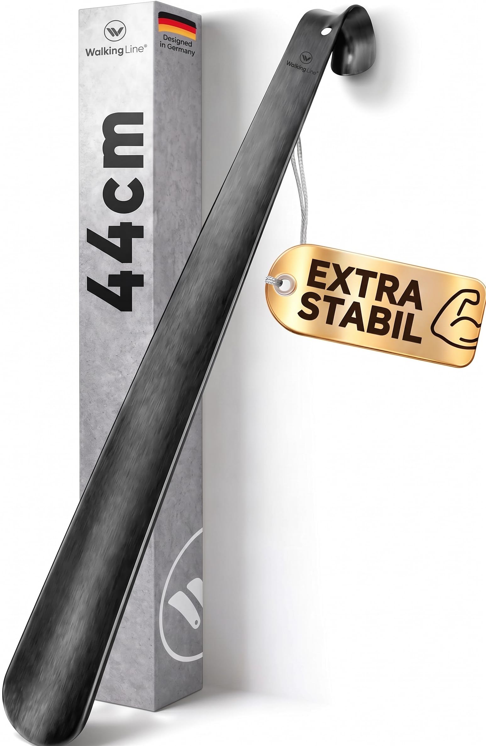 Walking Line® Premium Schuhlöffel Lang 44cm [EXTRA STABIL] aus Gebürstetem Edelstahl - Schuhanzieher Lang, Schuhlöffel Metall Lang, Shoe Horn, Schuhanzieher Lang Metall, Langer Schuhlöffel Schwarz