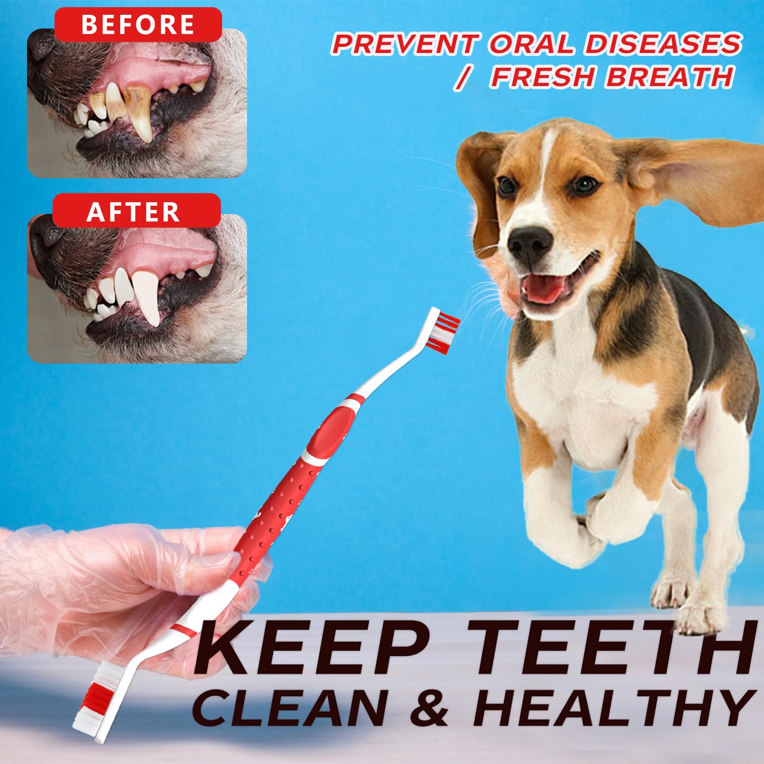 Cepillo de dientes para perros, cepillo de dientes para perros pequeños a grandes, gatos, cerdas suaves, doble cabeza antideslizante