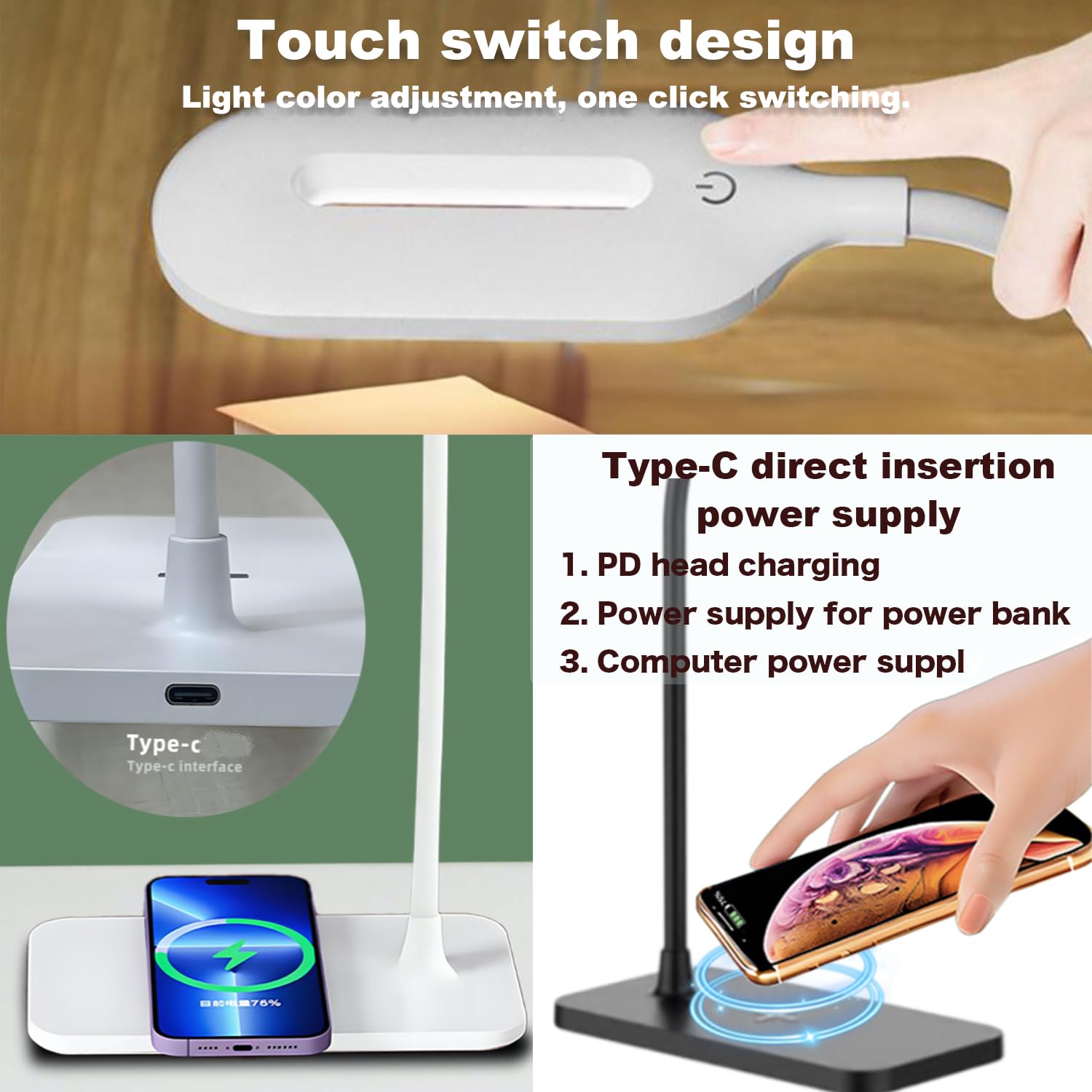 2 lámparas LED de escritorio, lámpara de mesa, luz de noche para el hogar, 3 modos de iluminación, carga rápida inalámbrica, control táctil de luz de escritorio con cuello de cisne ajustable 4