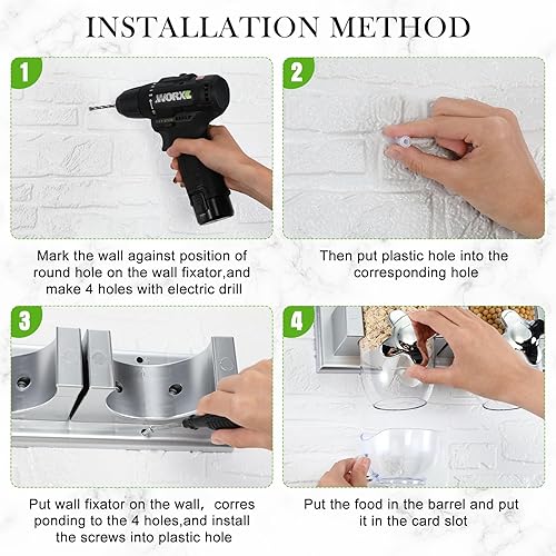 Miniatura 4 de Huwena 4 juegos de contenedores de cereales, 3 litros cada juego, dispensador de cereales montado en la pared, dispensador de alimentos secos,