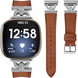 Luxe Leather Bands Compatible With Fitbit Versa 4/Versa 3/Sense 2/Sense Bands For Women D-shaped Bling Metal Buckle Replacement Straps.